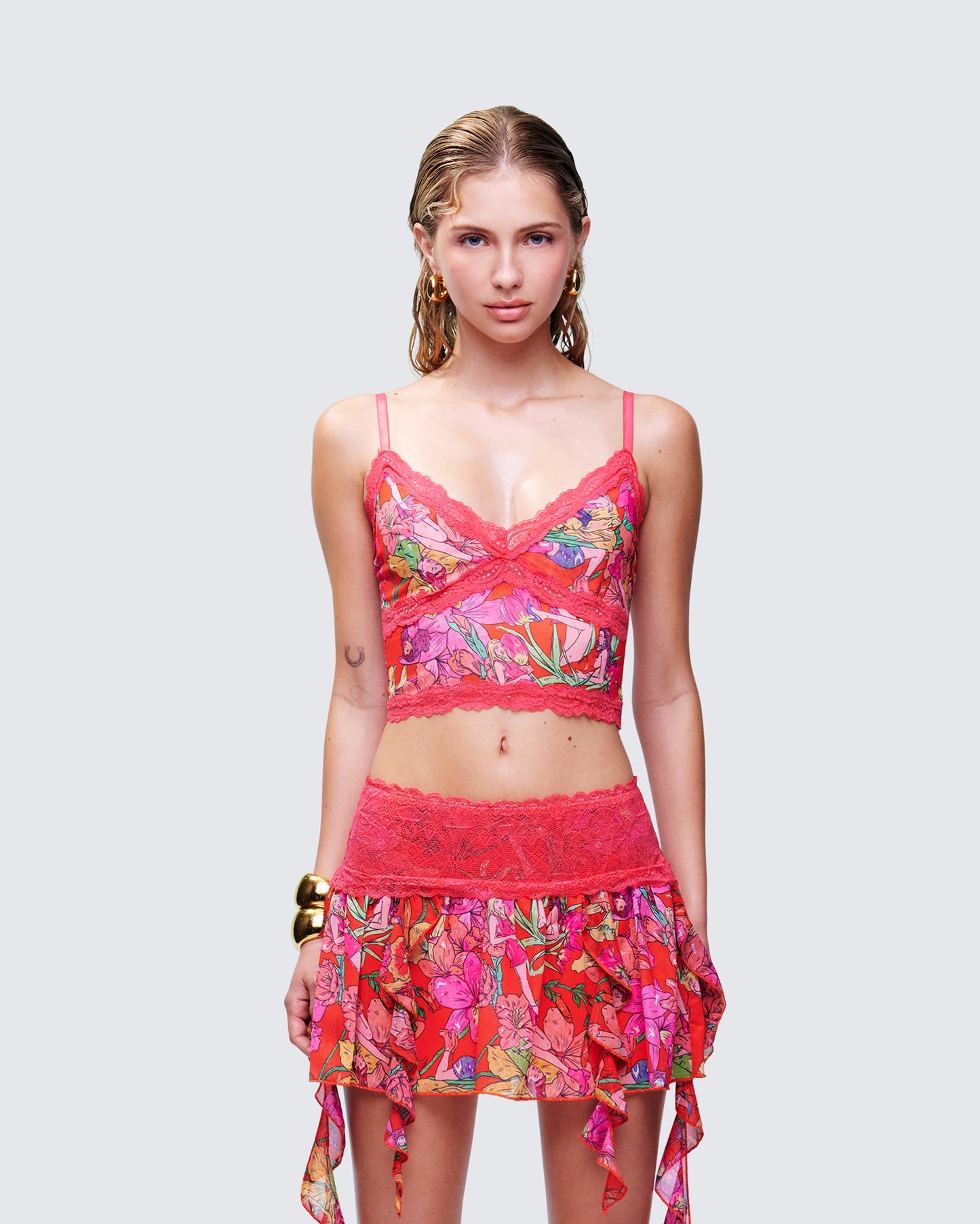 Aurelia Orange Printed Mesh Cami model front