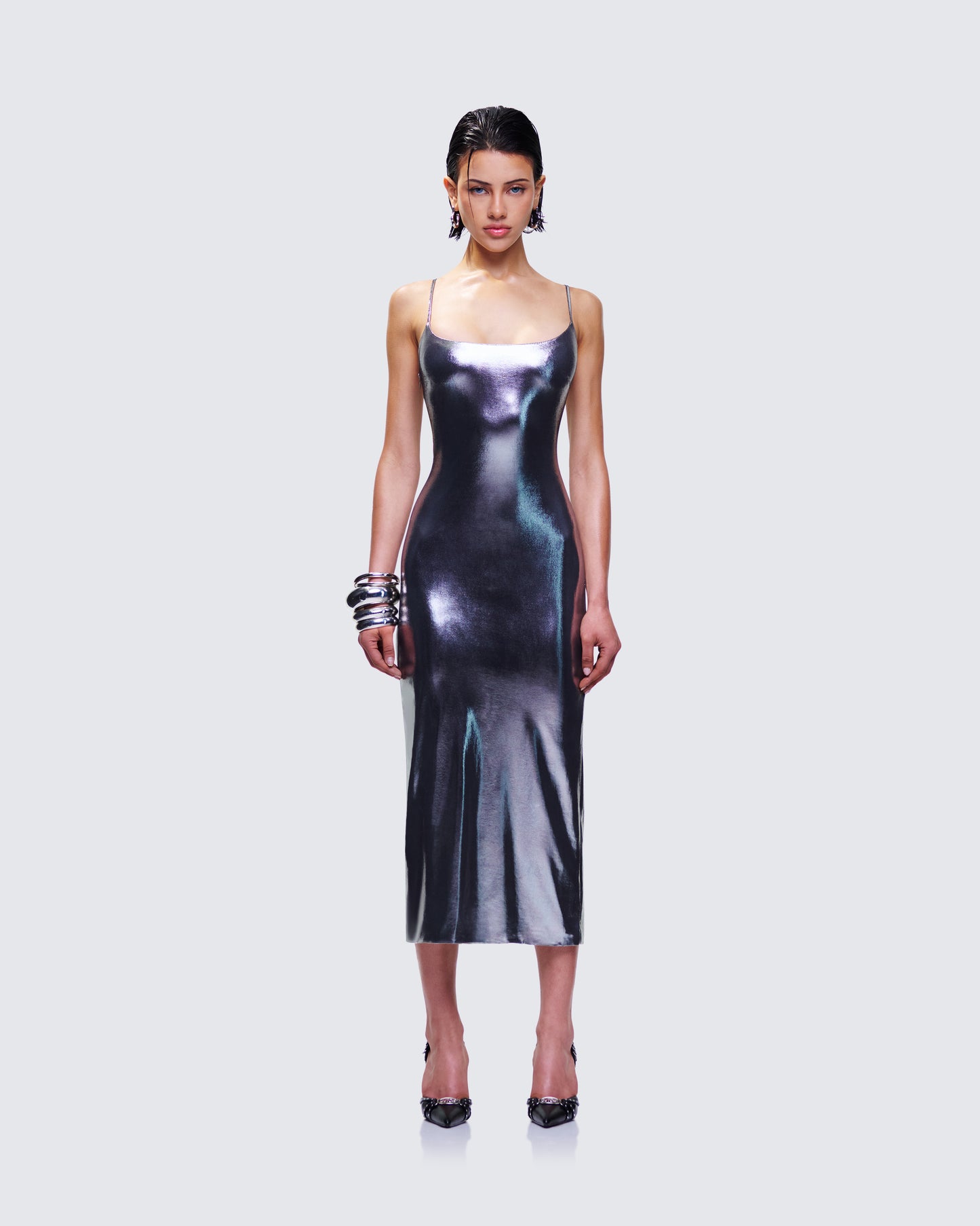 Aurra Metallic Gunmetal Midi Dress model front