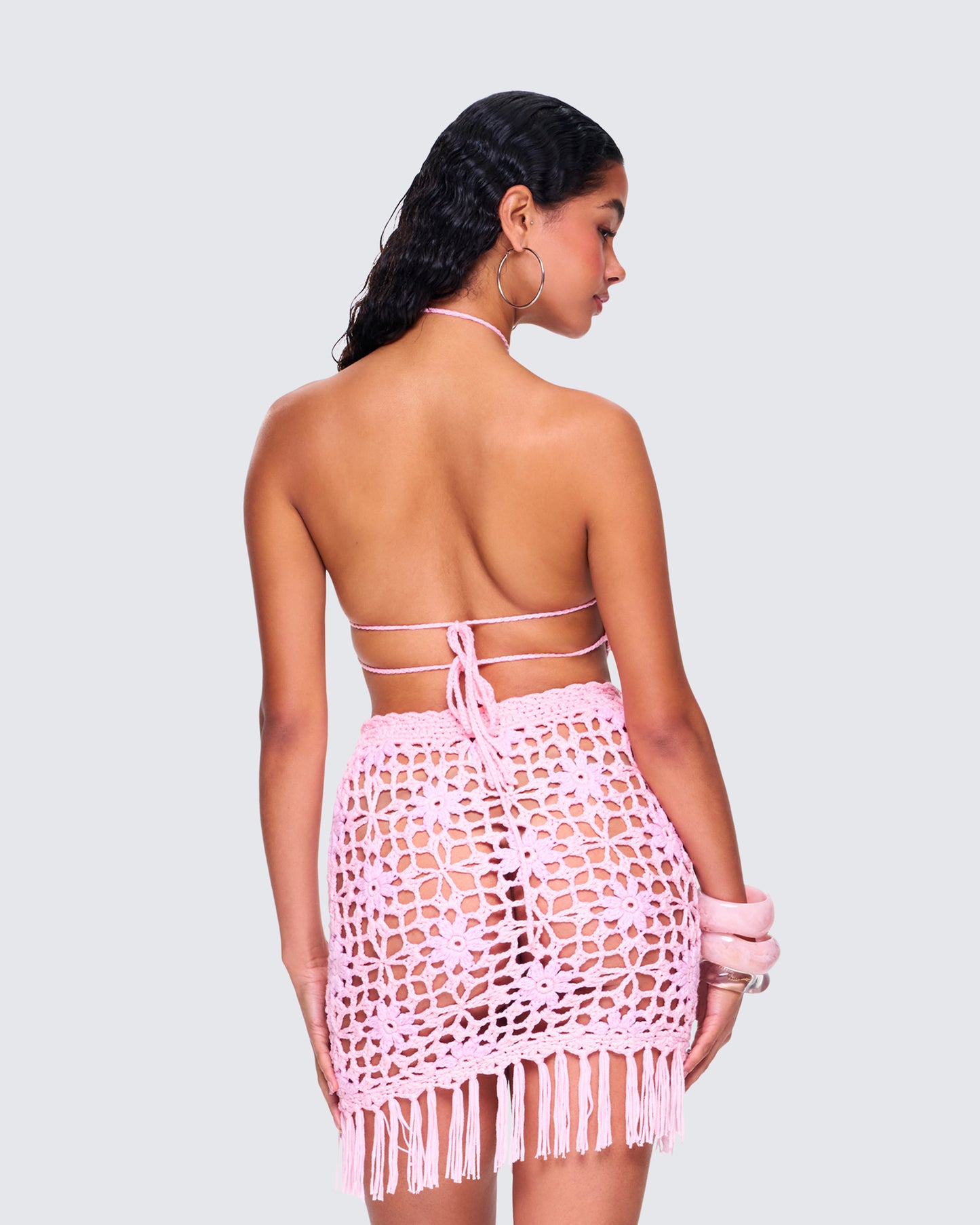 Aya Pink Floral Crochet Halter Top