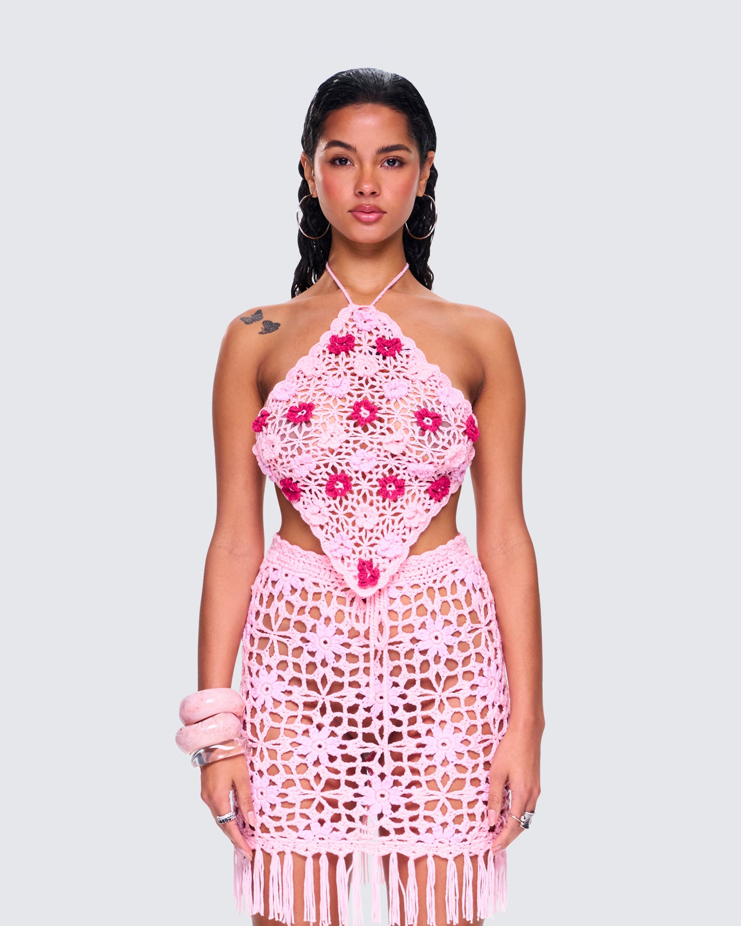 Aya Pink Floral Crochet Halter Top model front