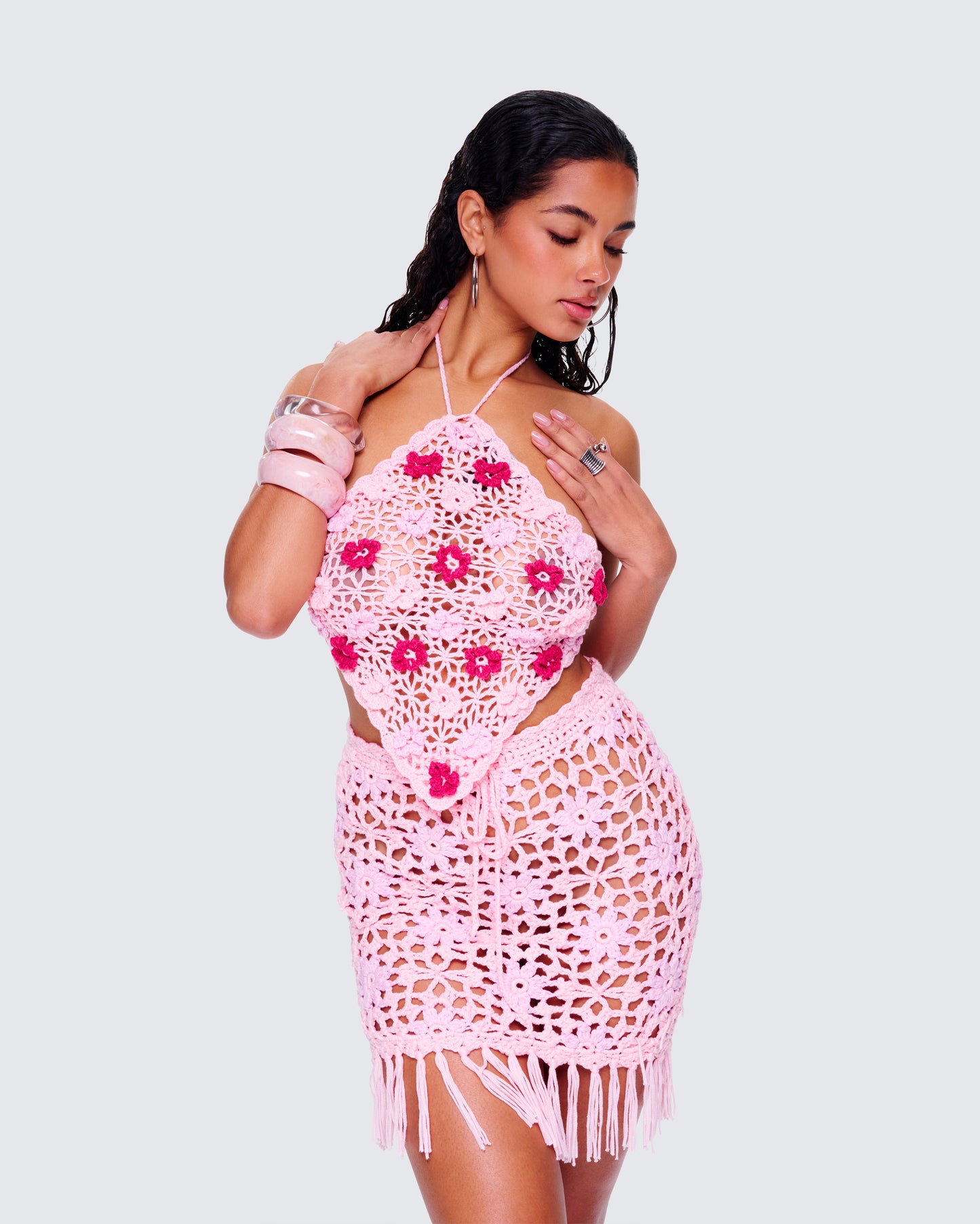 Aya Pink Floral Crochet Halter Top