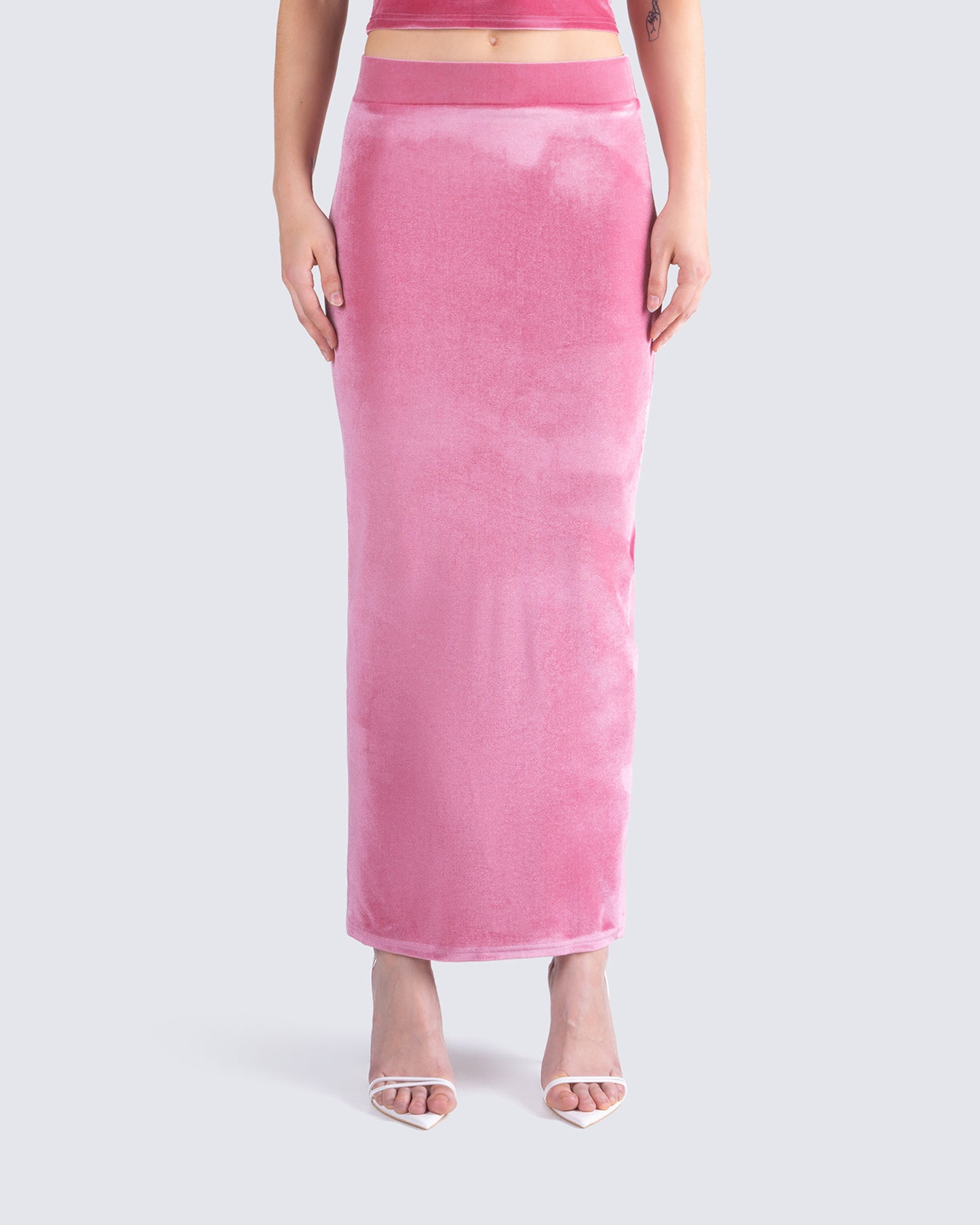 Ayla Pink Velvet Maxi Skirt model front