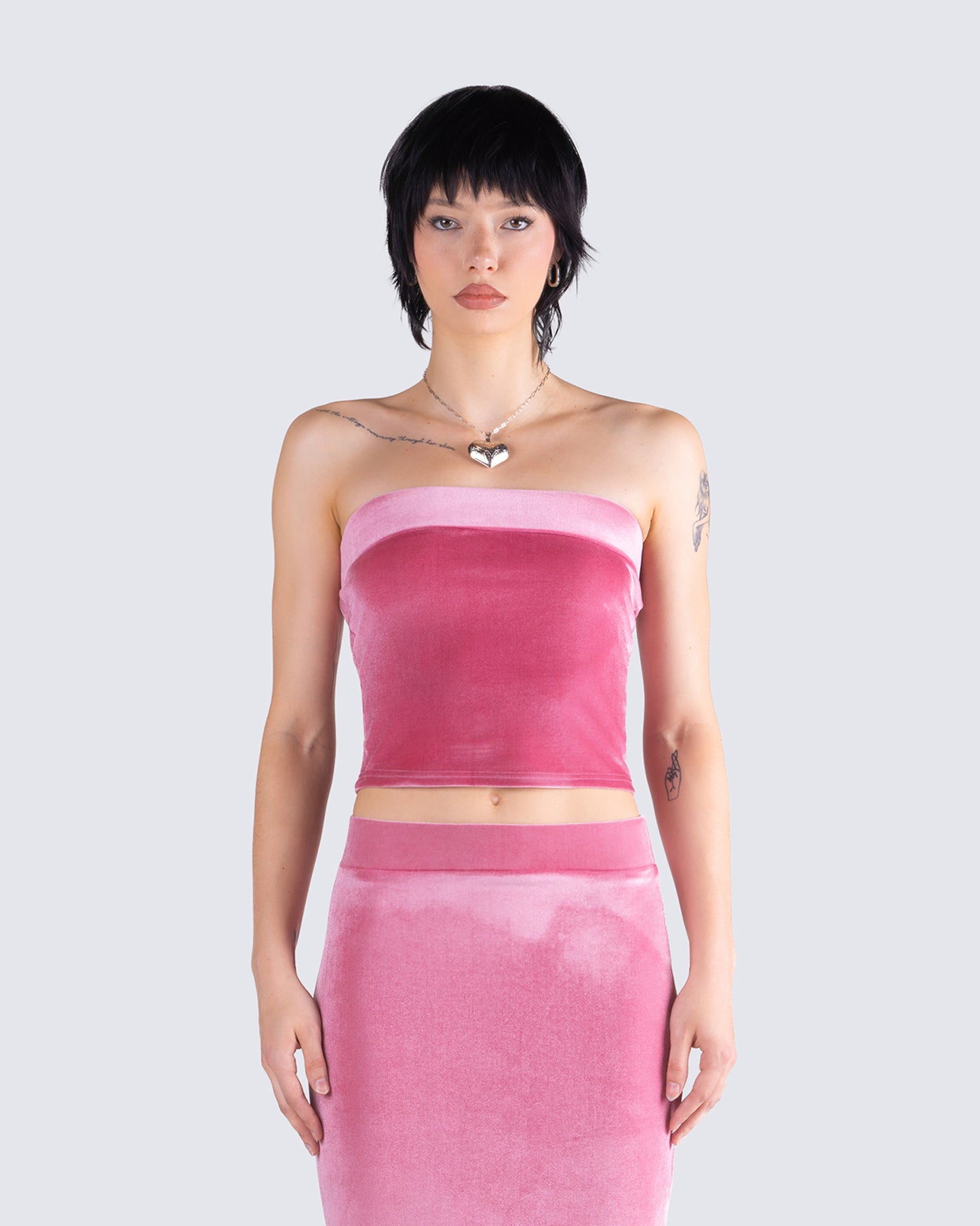 Ayla Pink Velvet Tube Top model front