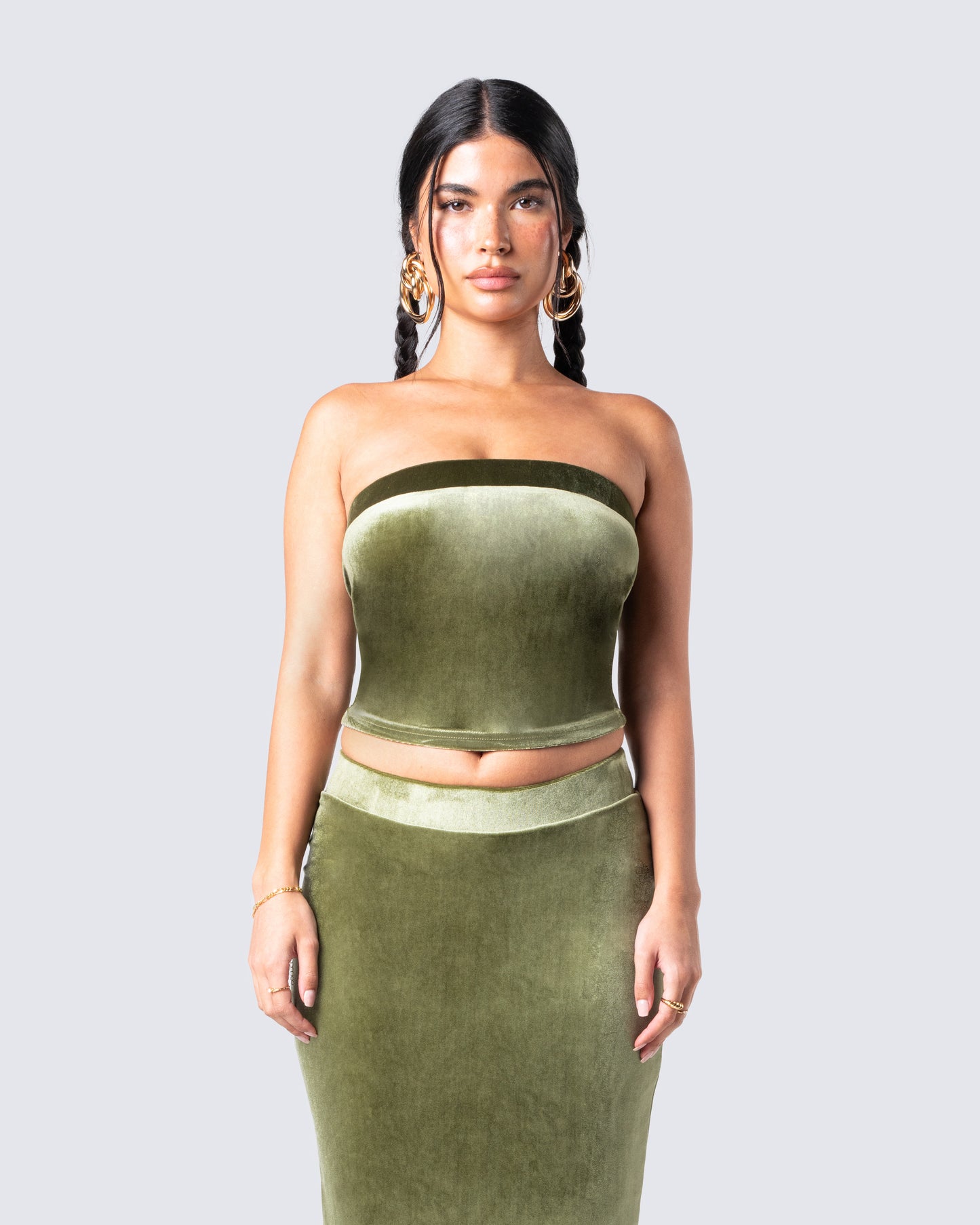 Ayla Olive Green Velvet Tube Top model front