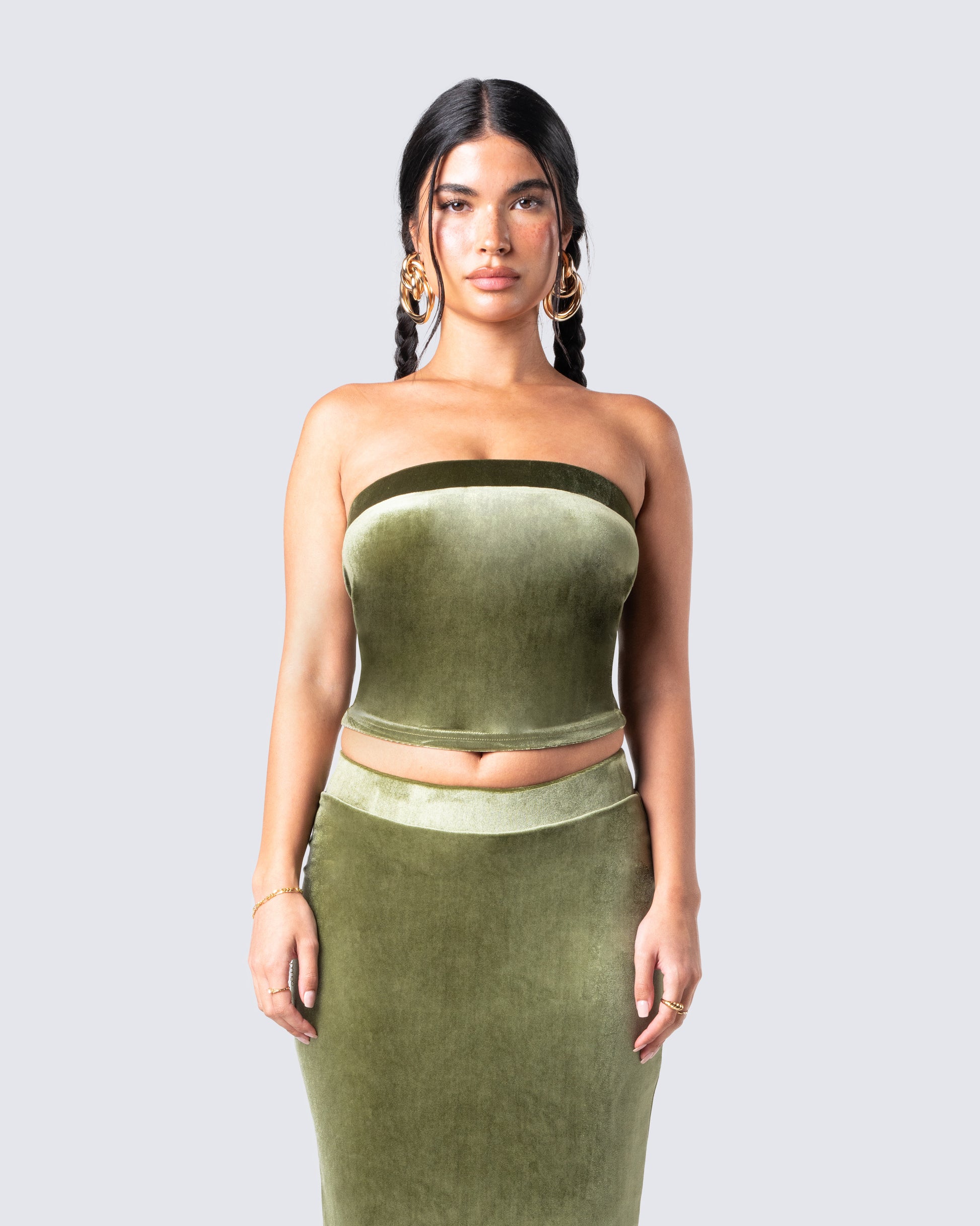 Ayla Olive Green Velvet Tube Top model front