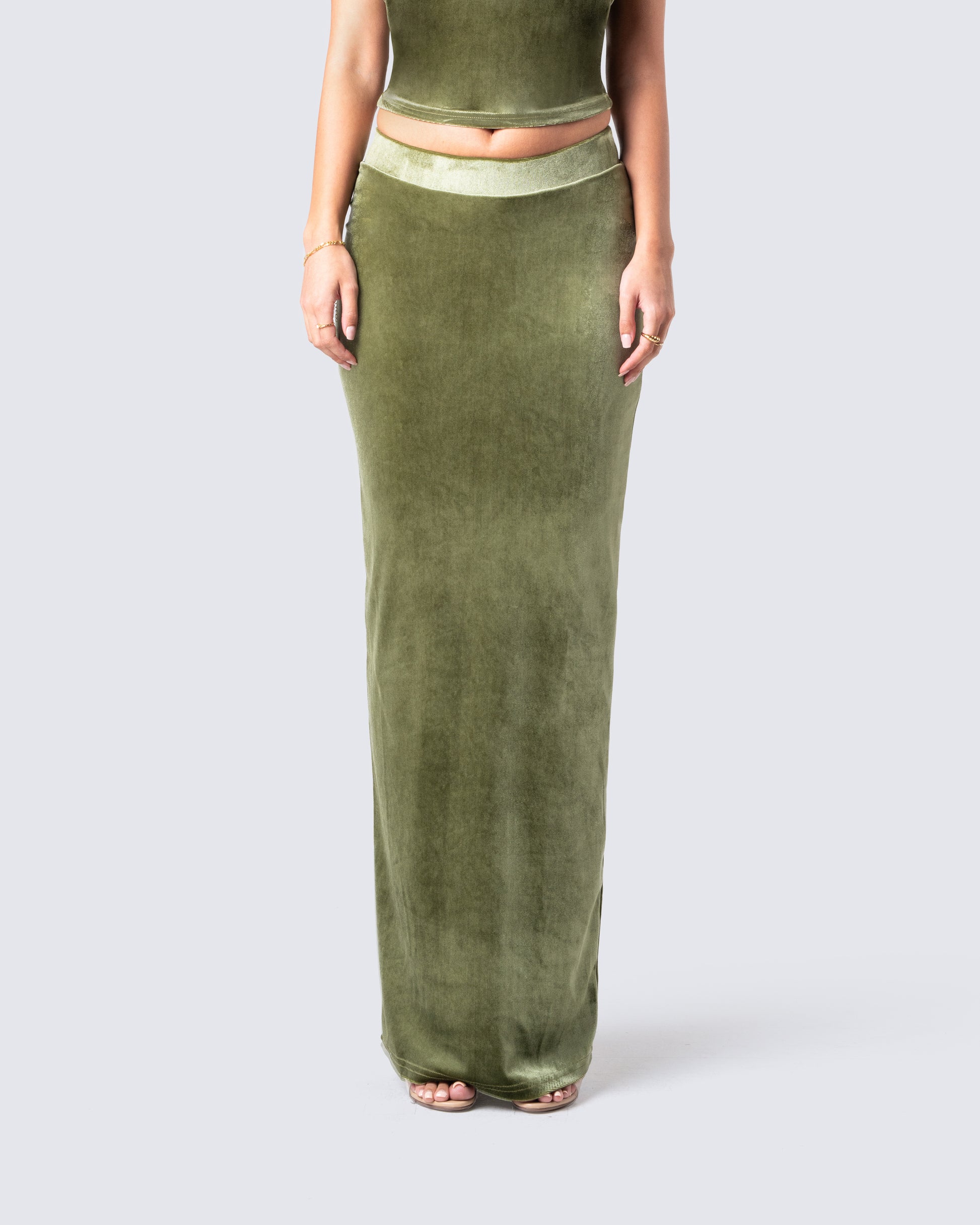 Ayla Olive Green Velvet Maxi Skirt model front