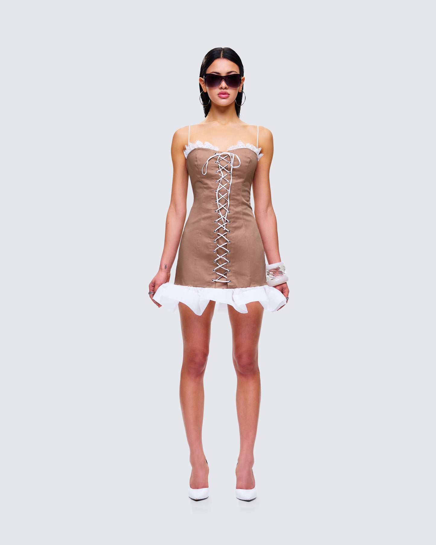 Aza Taupe Lace Up Mini Dress model front