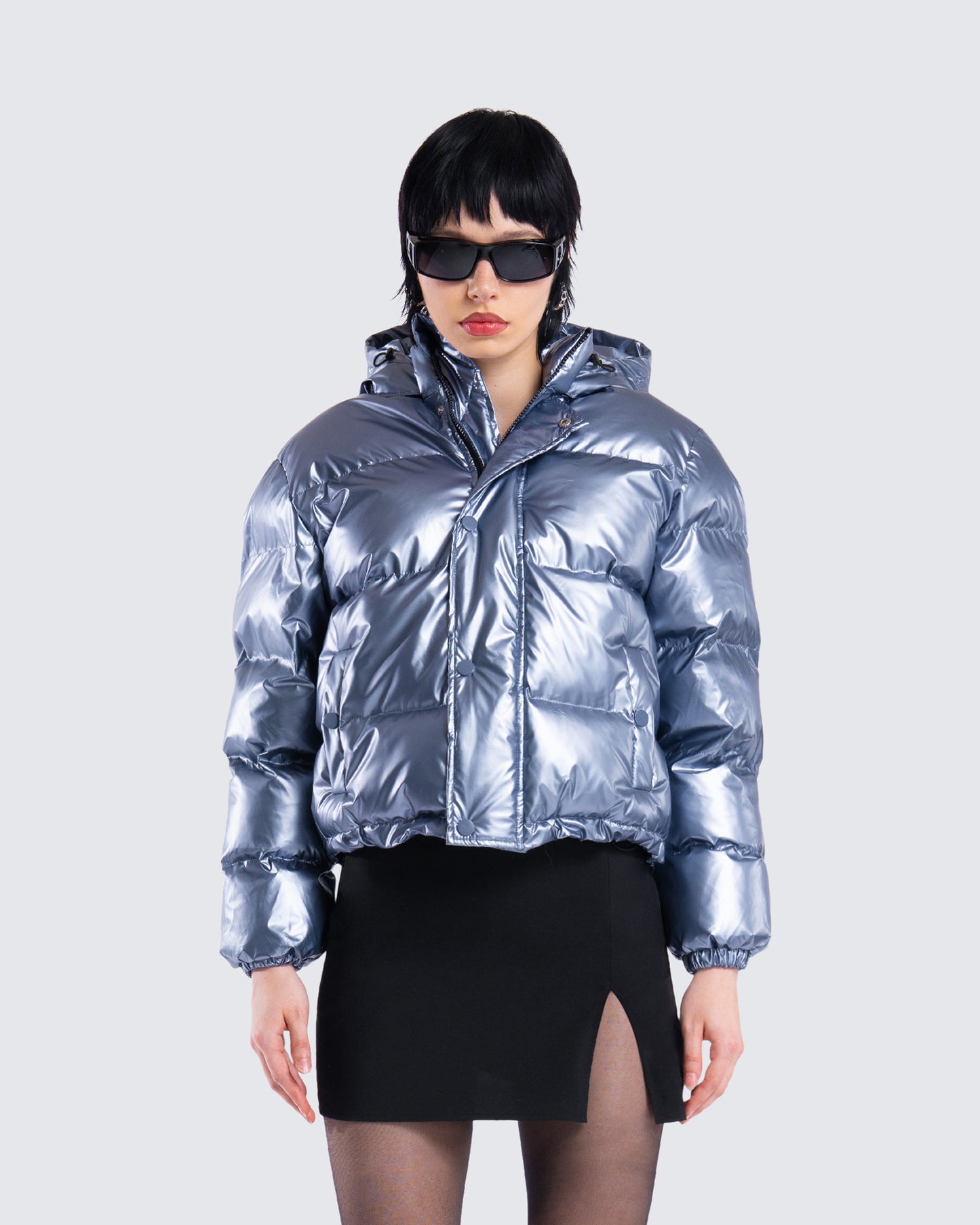 Azalea Blue Metallic Puffer Jacket model front