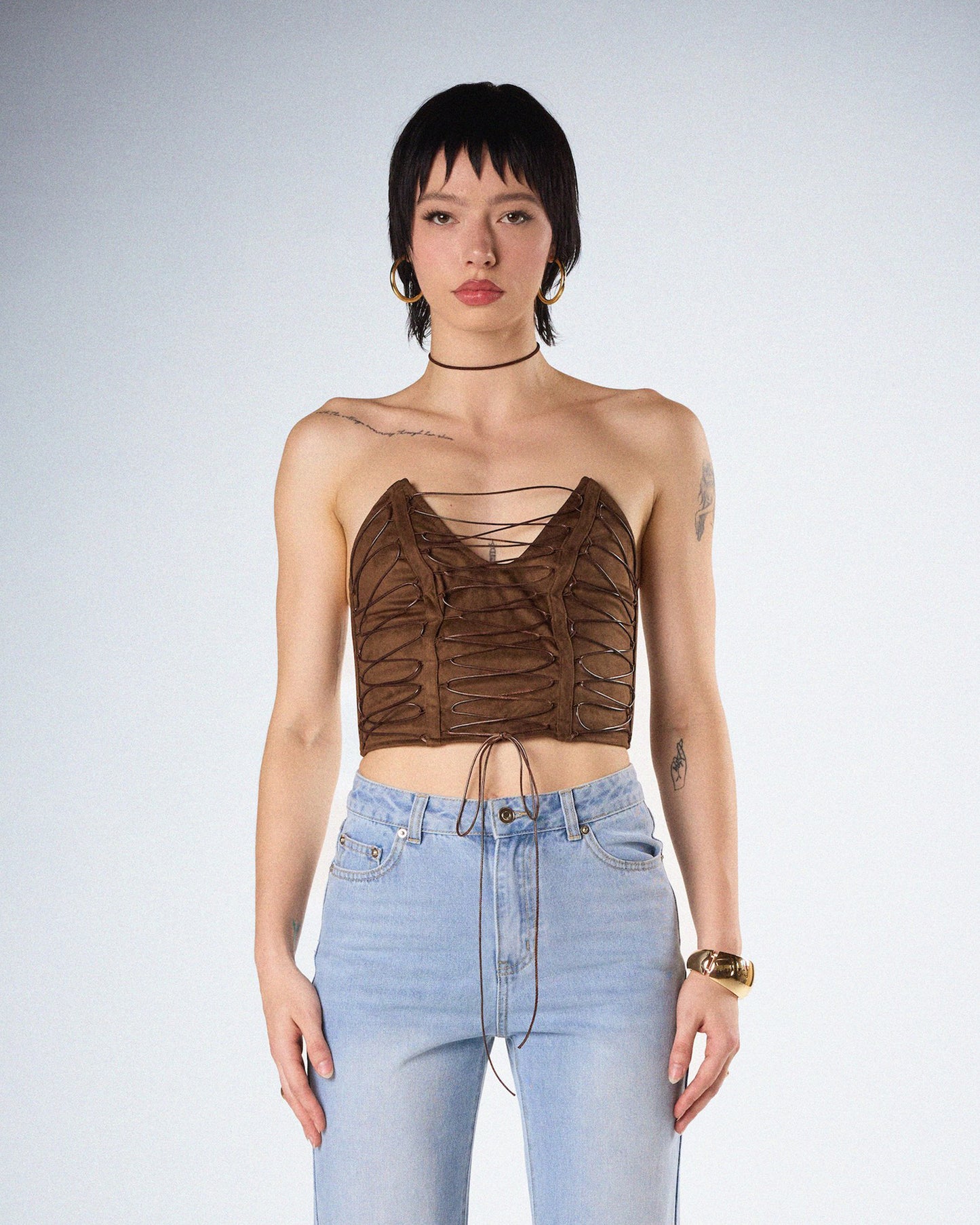 Bette Brown Lace Up Top model front