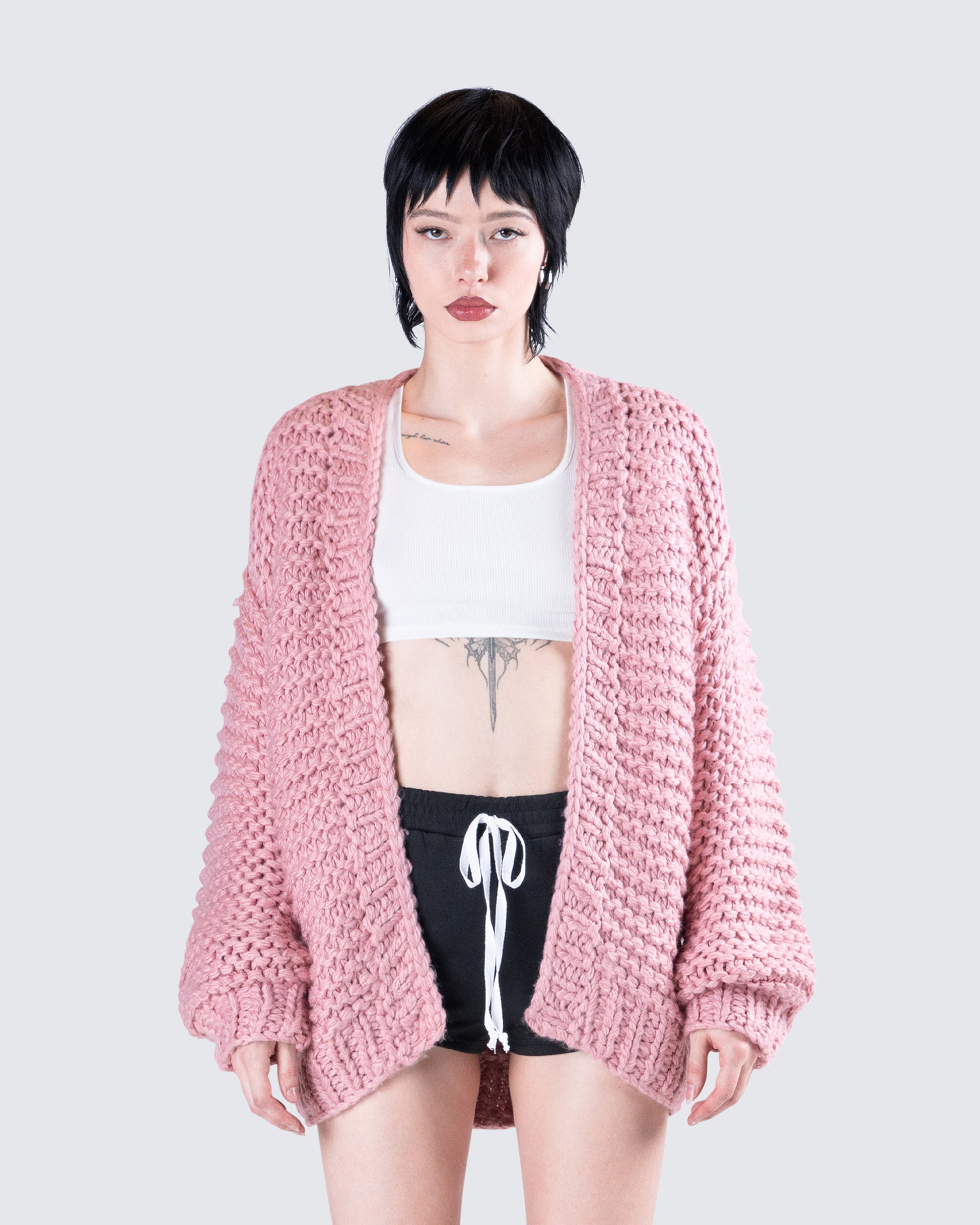 Blaise Pink Chunky Hand Knit Cardigan model front