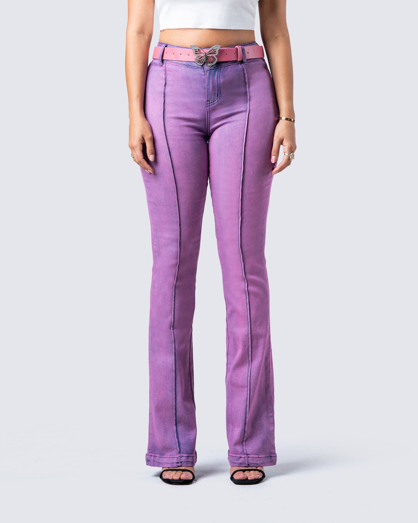 Janice Pink Mid Rise Flared Jean model front