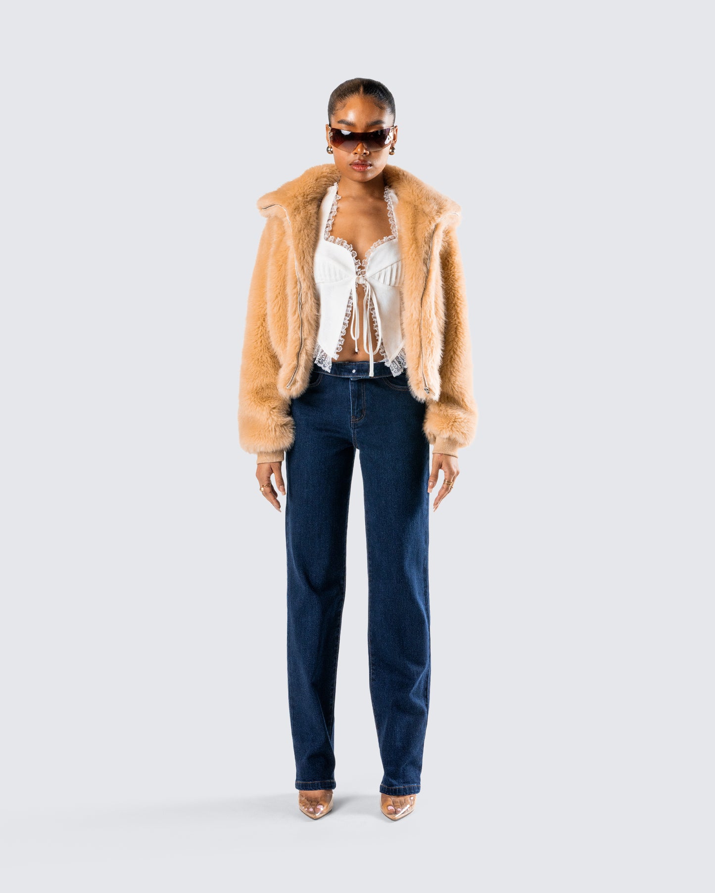 Briar Tan Faux Fur Bomber Jacket
model front
