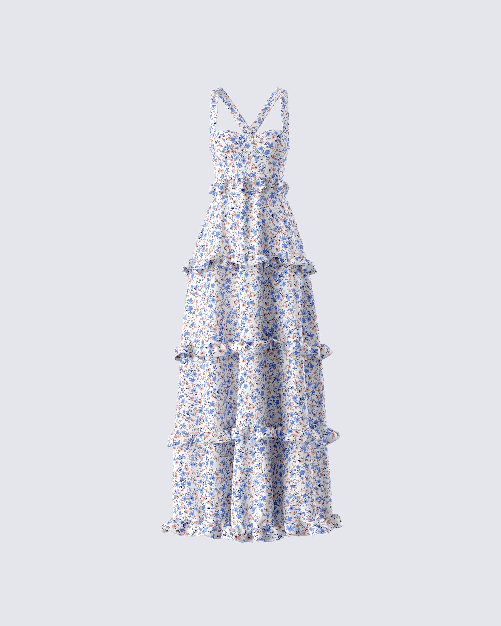 Blue Floral Maxi Dress - Tiered Ruffle Garden Party FINESSE Blue Floral Maxi Dress - Tiered Ruffle Garden Party FINESSE