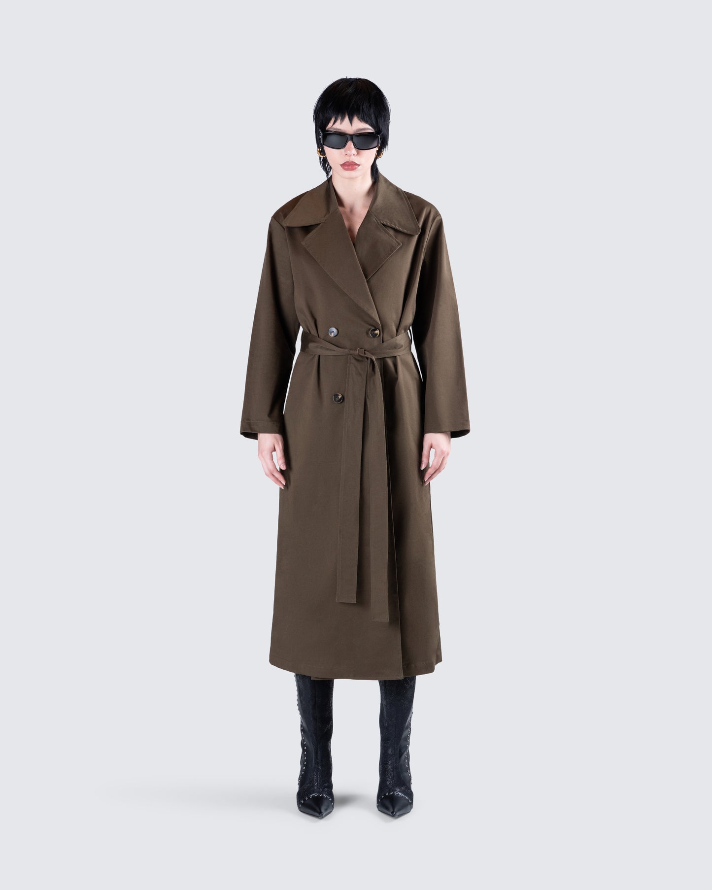 Bryn Dark Olive Belted Trench Coat model front