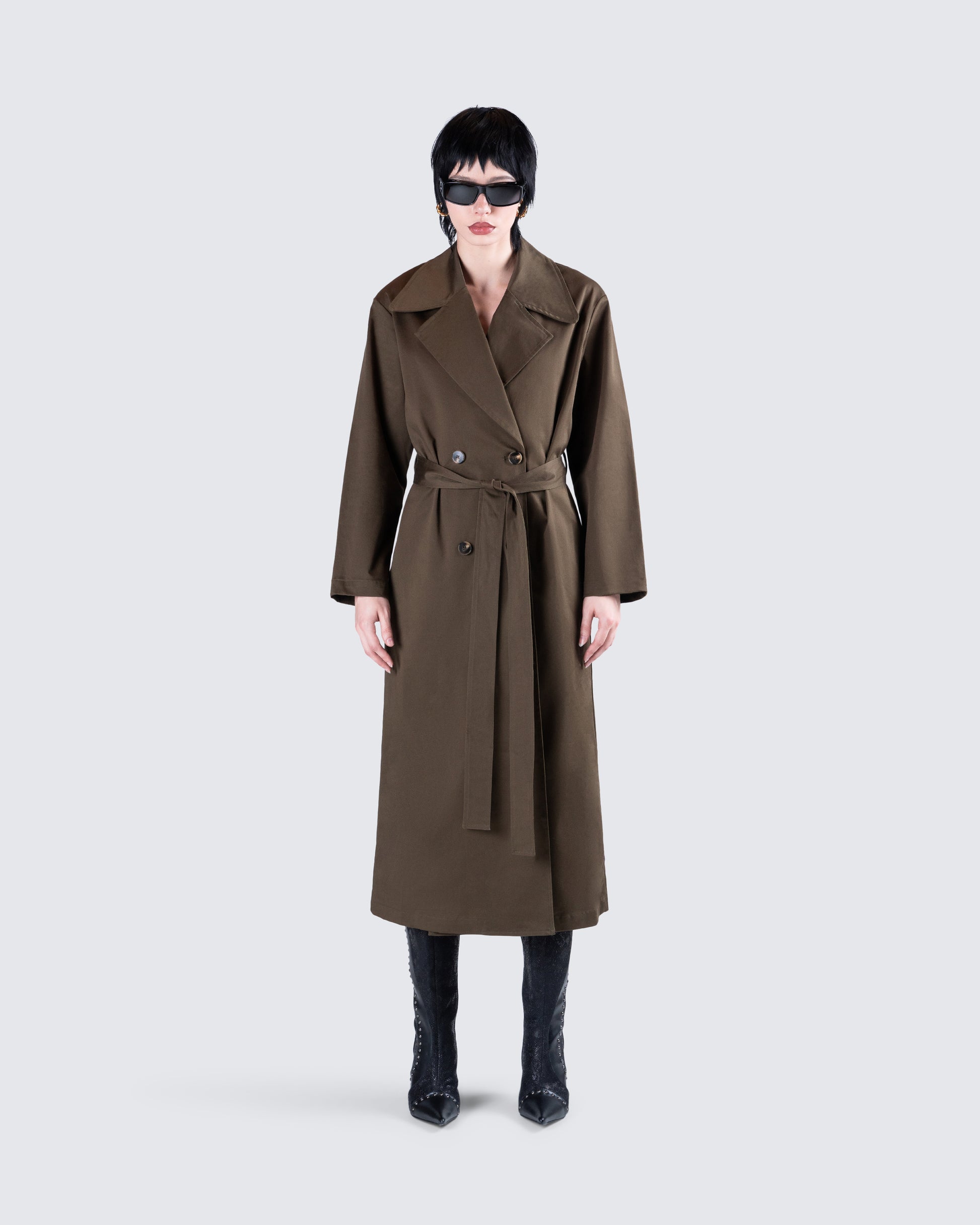 Bryn Dark Olive Belted Trench Coat model front