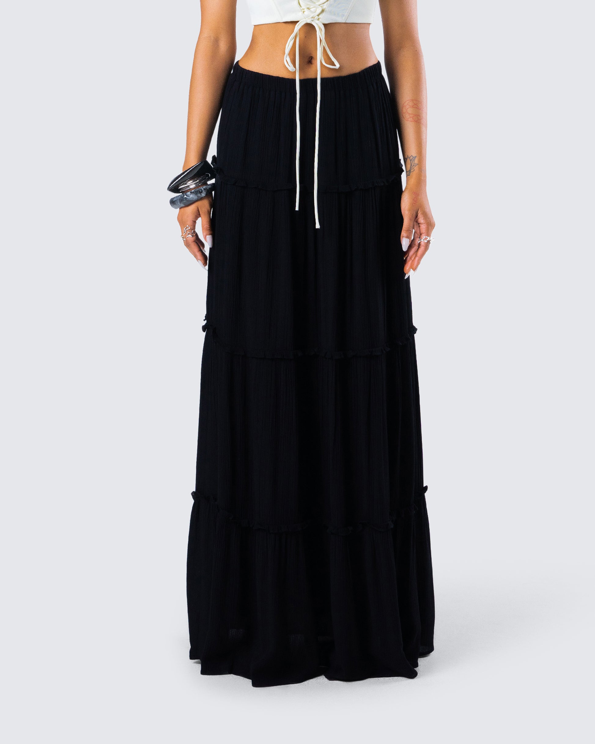 Cailin Black Tiered Maxi Skirt model front