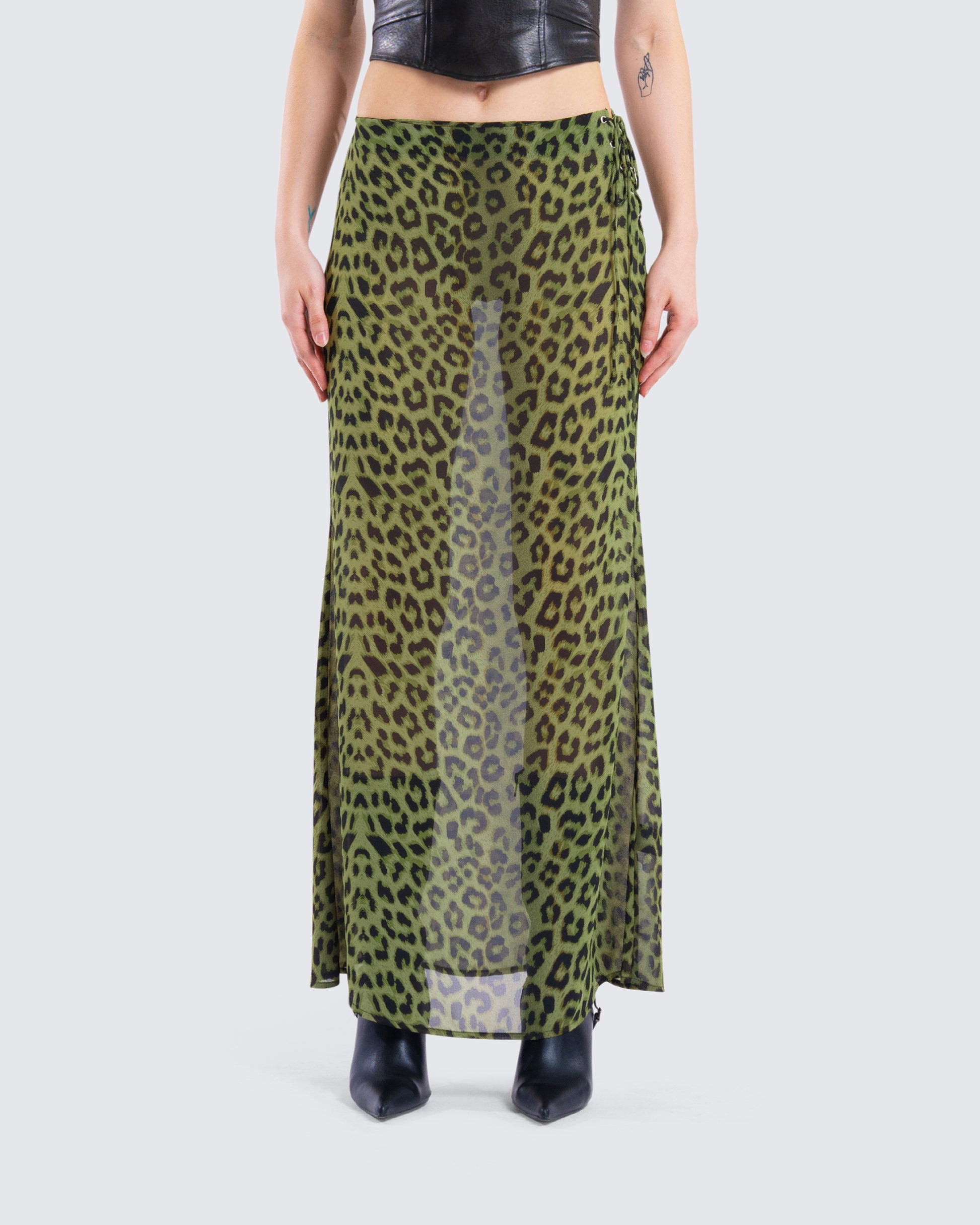 Calista Lime Leopard Maxi Skirt model front