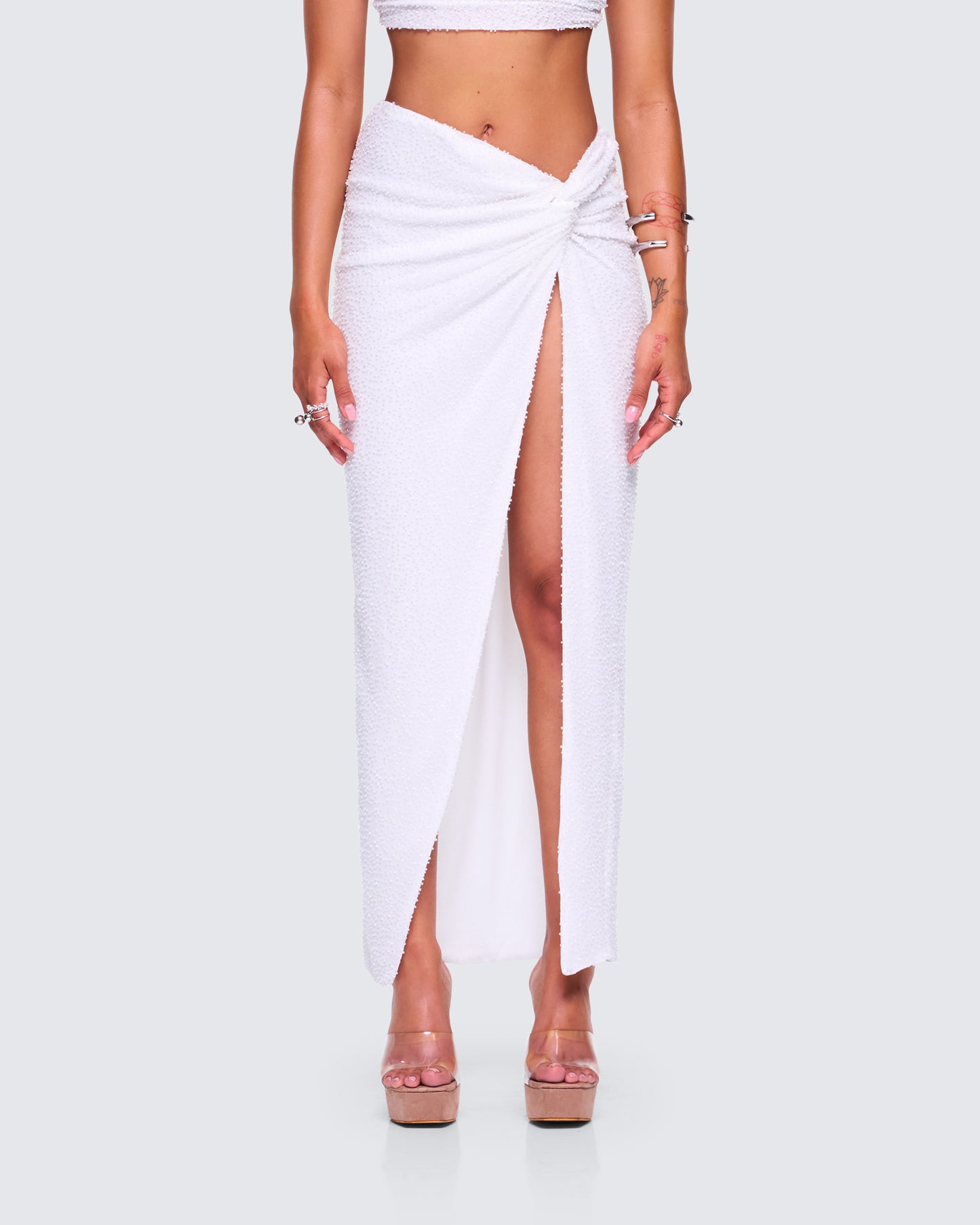 Carly White Beaded Drape Skirt model front
