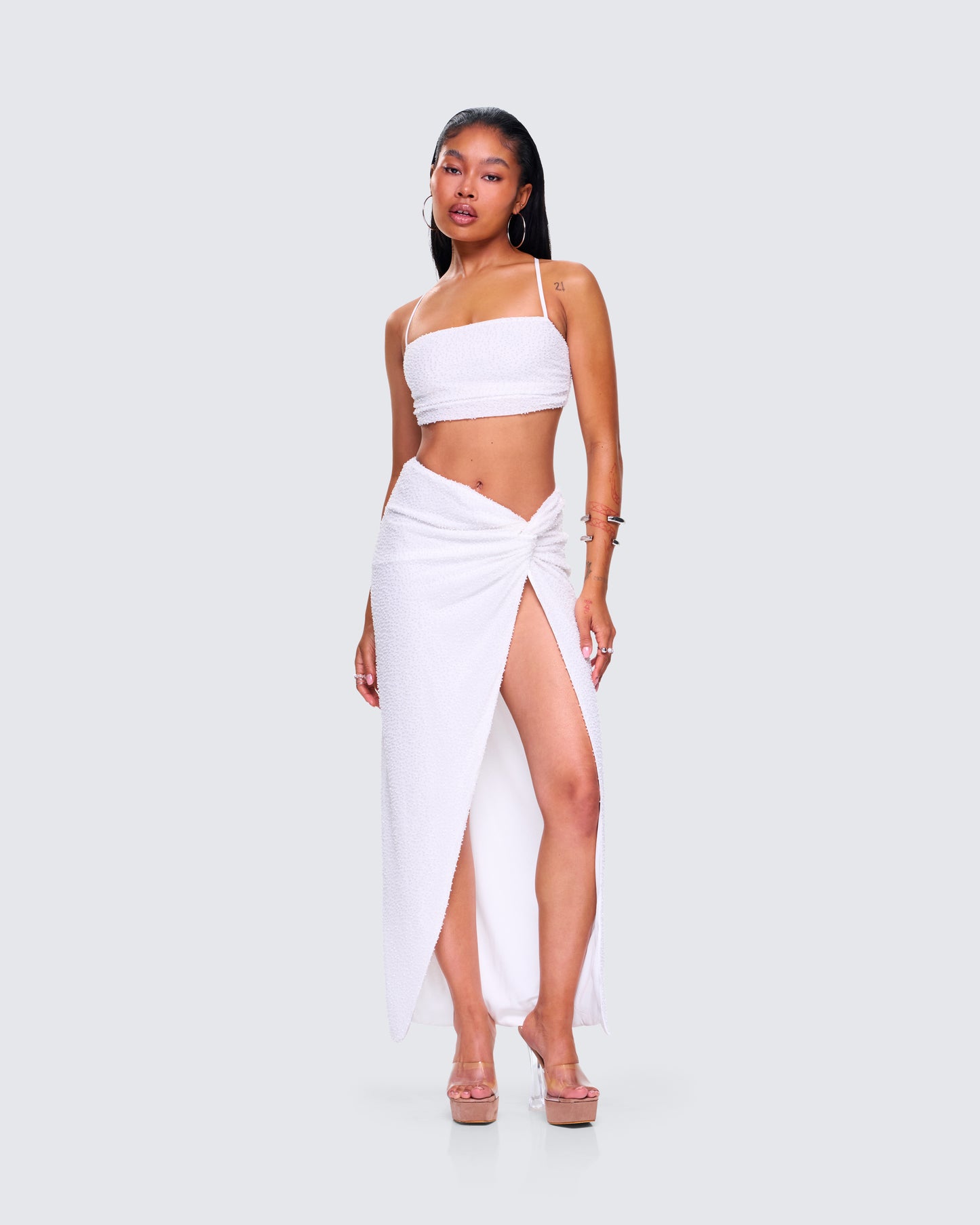 Carly White Beaded Drape Skirt