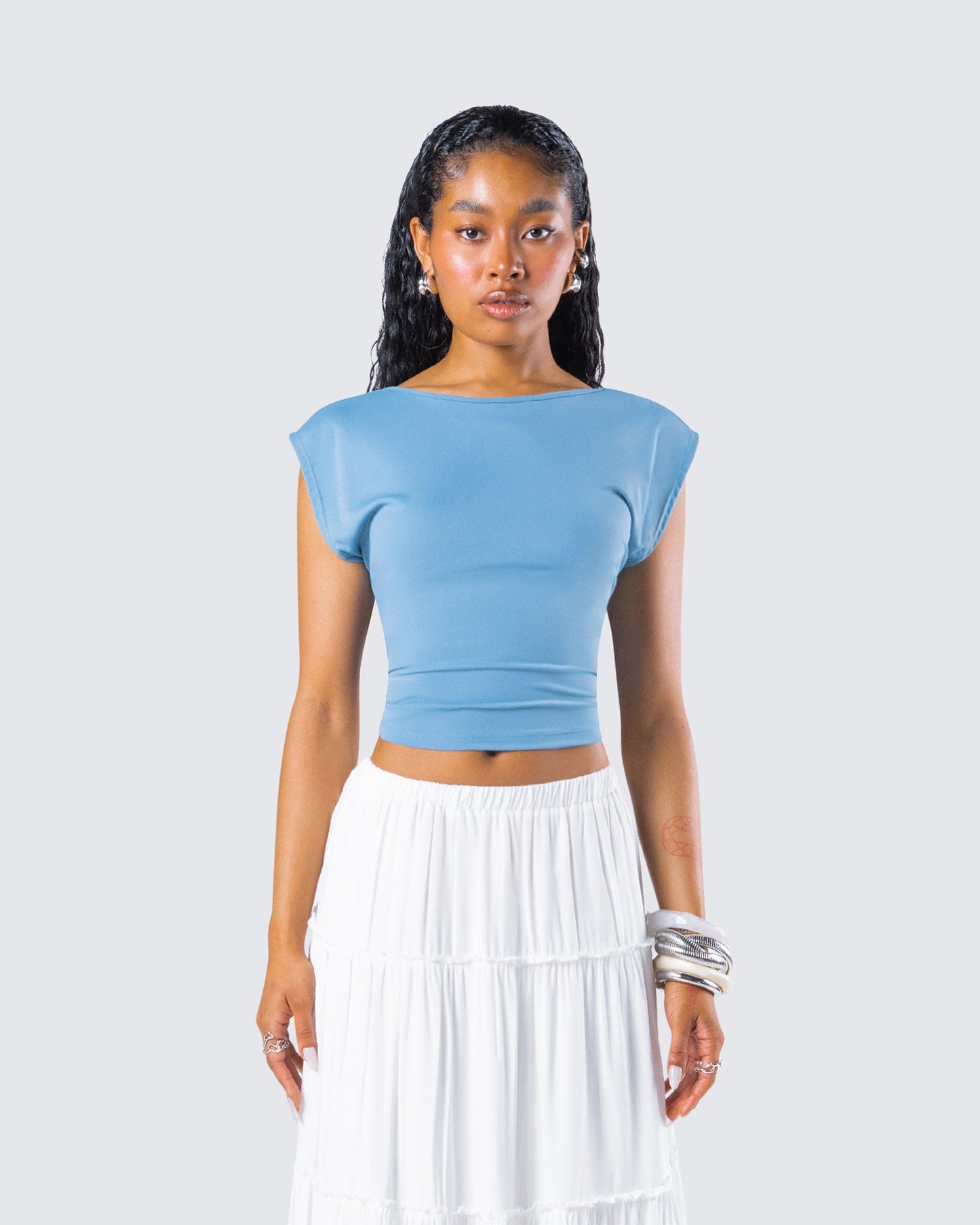 Caroline Blue Backless Top model front