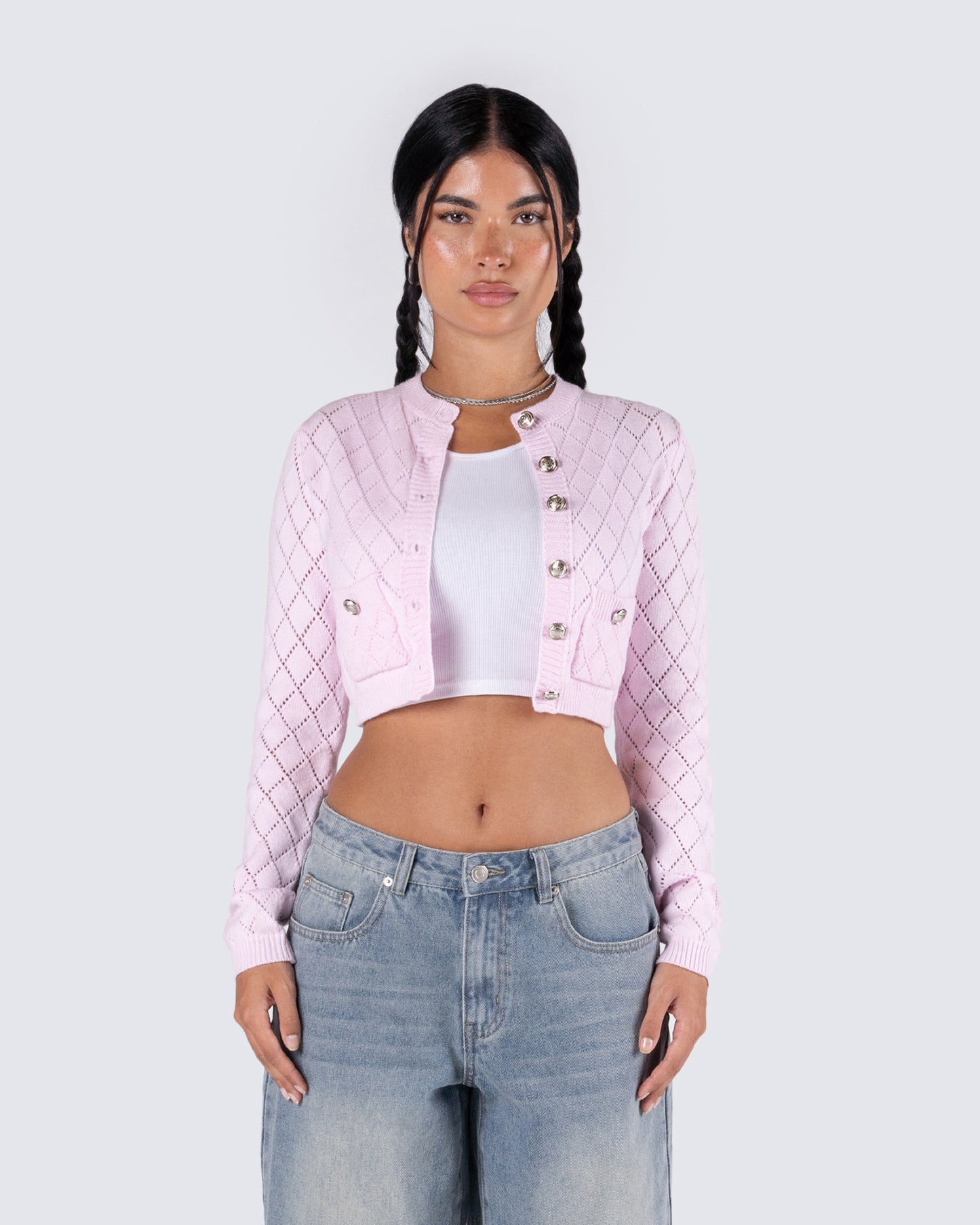 Celine Pink Pattern Knit Cardigan model front