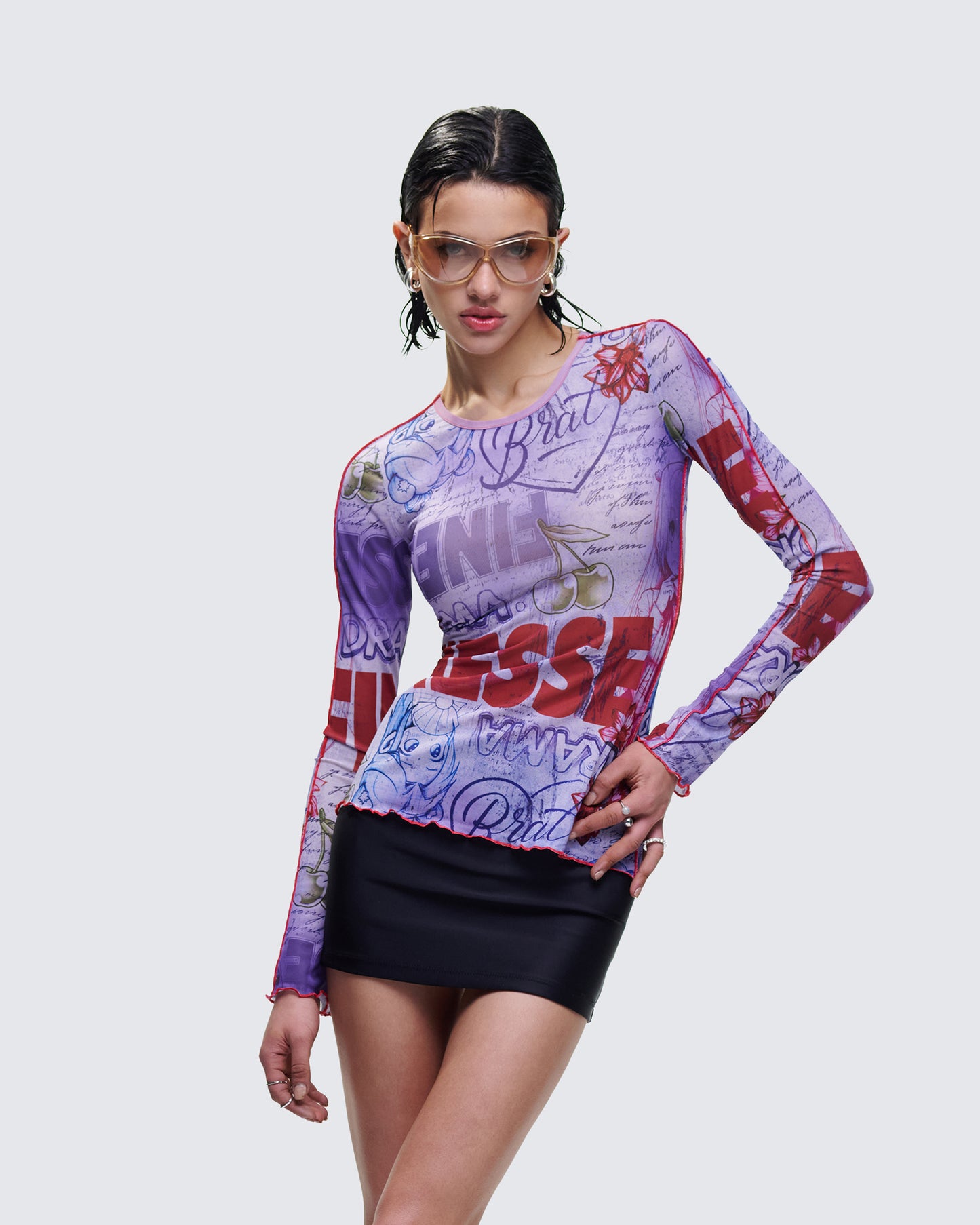 Cleodora Purple Printed Mesh Top
