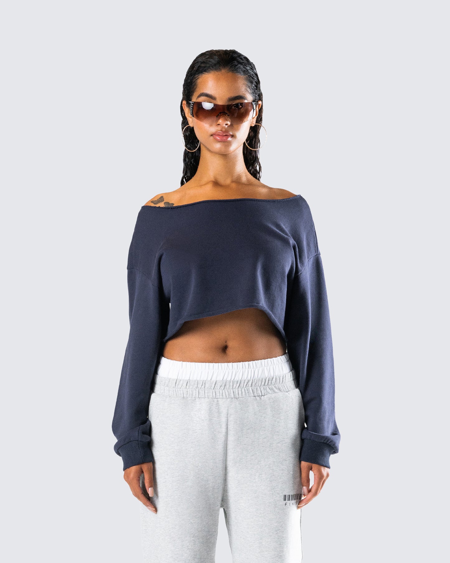 Cory Navy Long Sleeve Crop Top model front