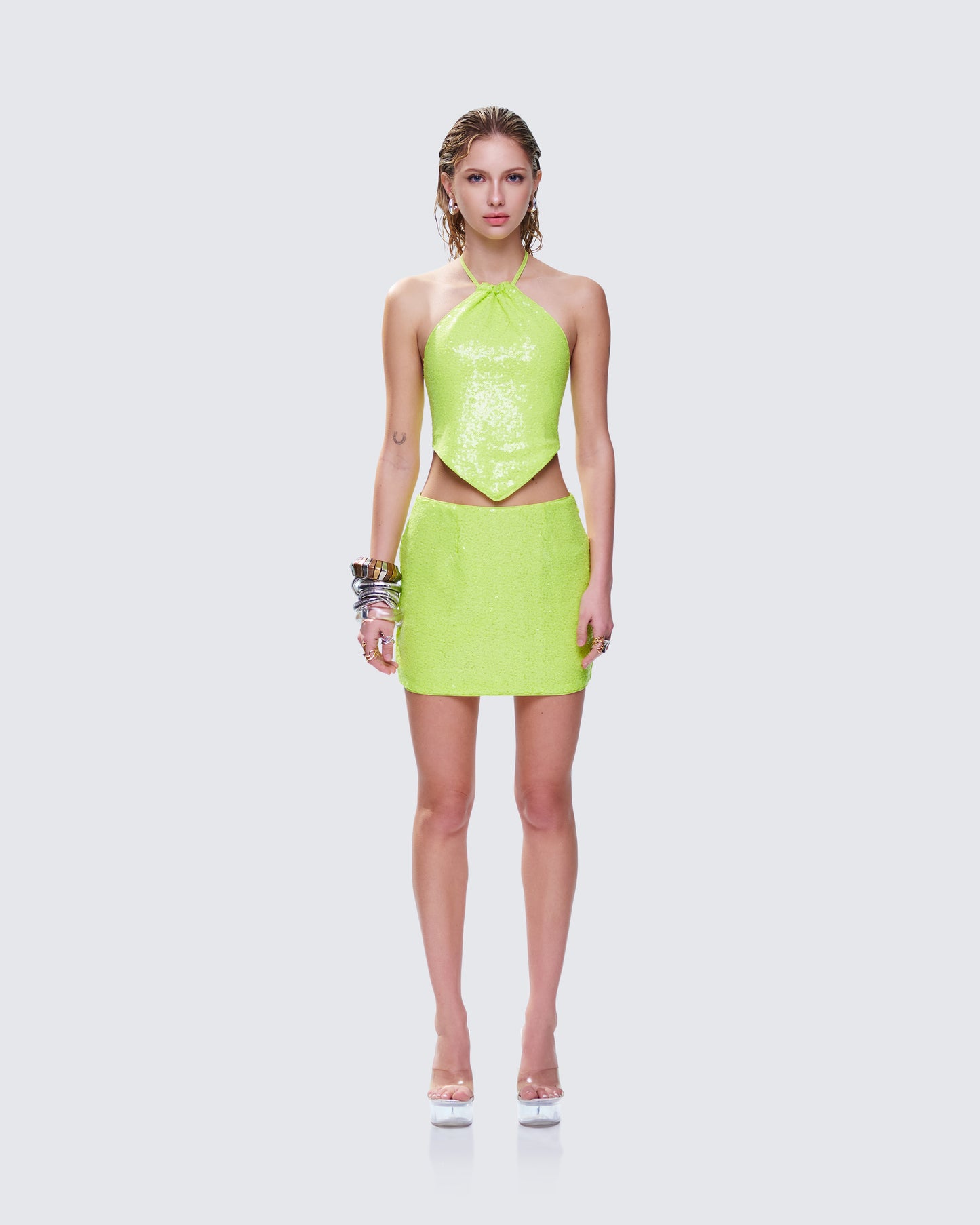 Courtney Yellow Sequin Set model front
