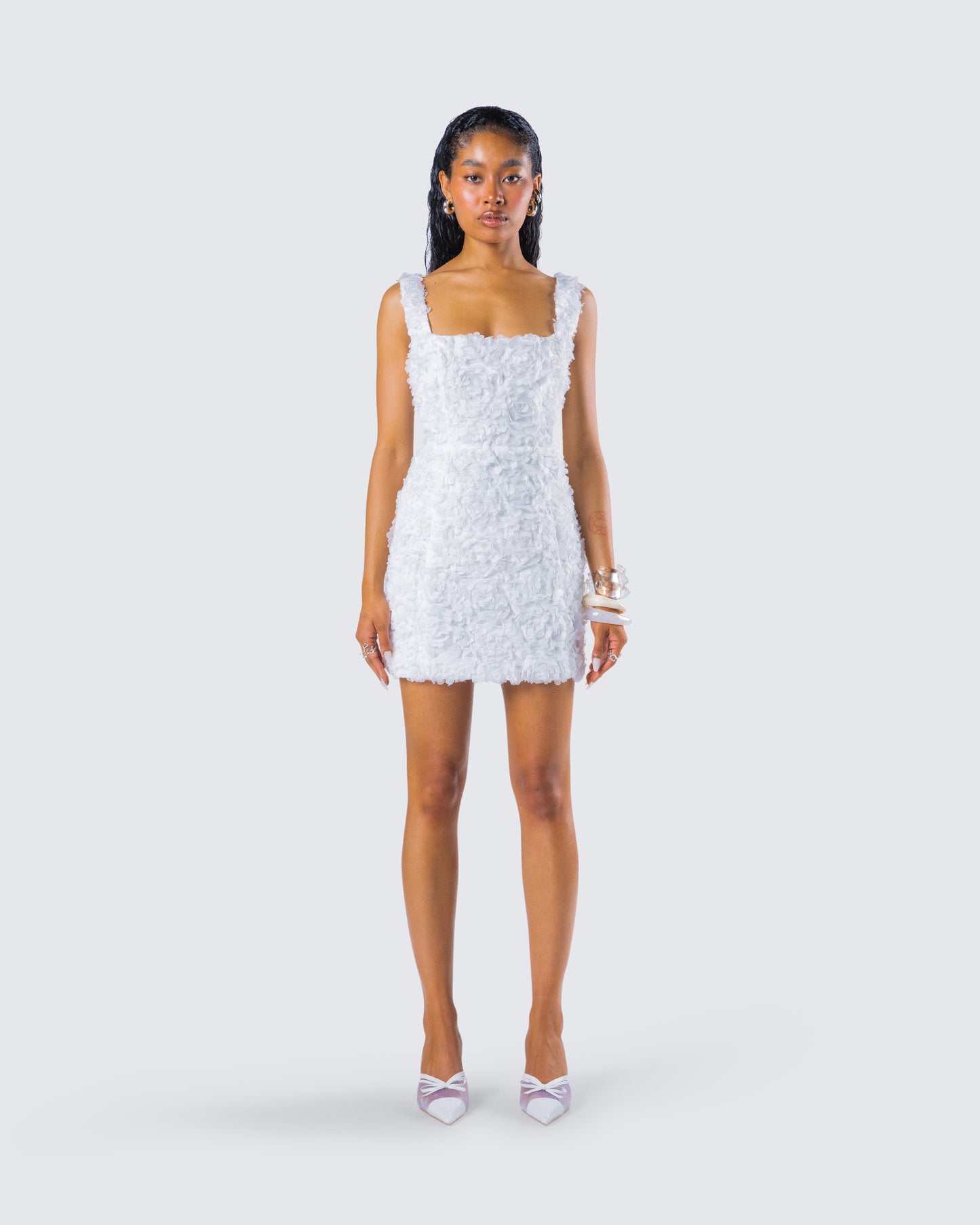 Dallas White Petal Mini Dress model front