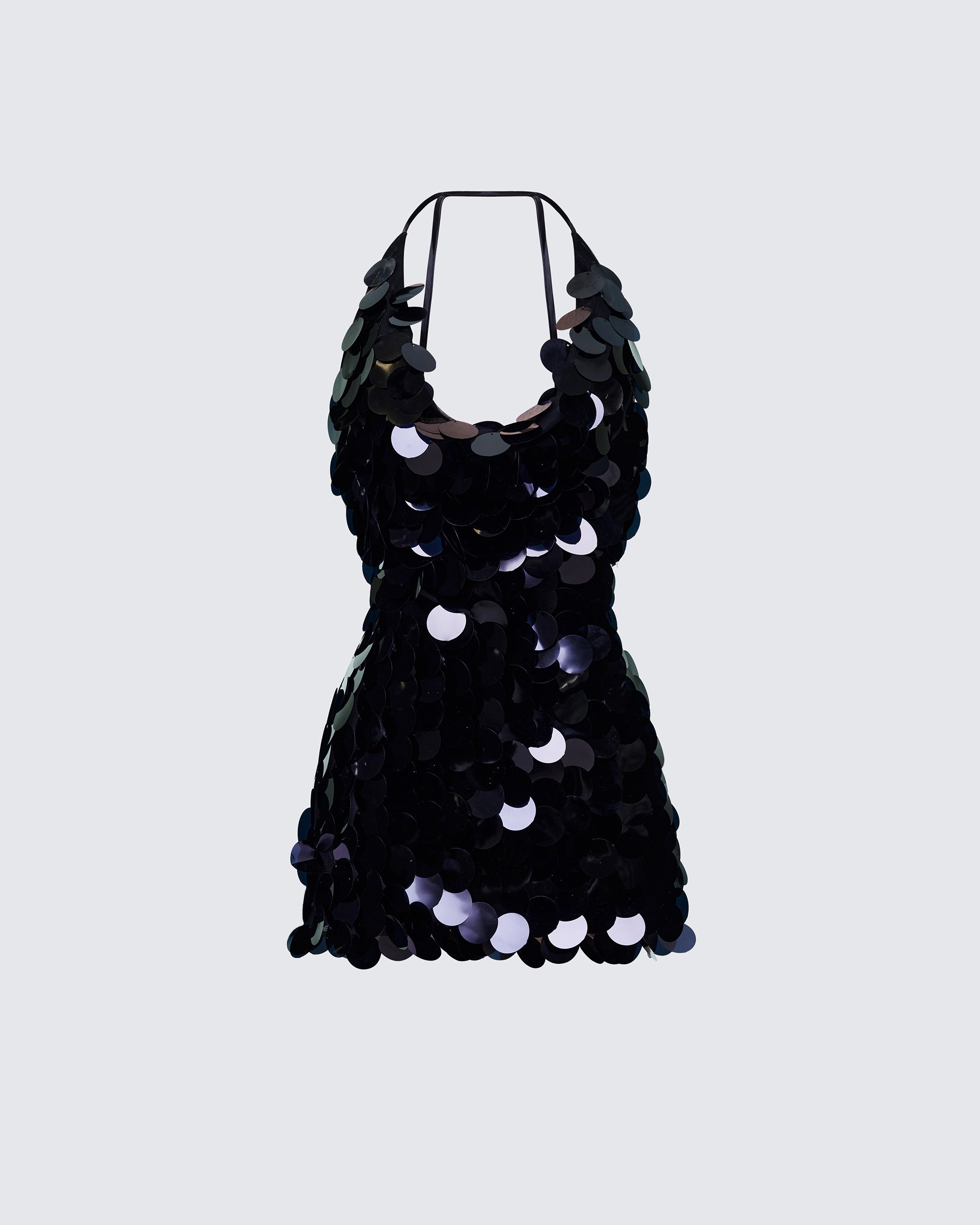 Black Sequin Halter Mini Dress - Disc Paillette Party FINESSE Black Sequin Halter Mini Dress - Disc Paillette Party FINESSE