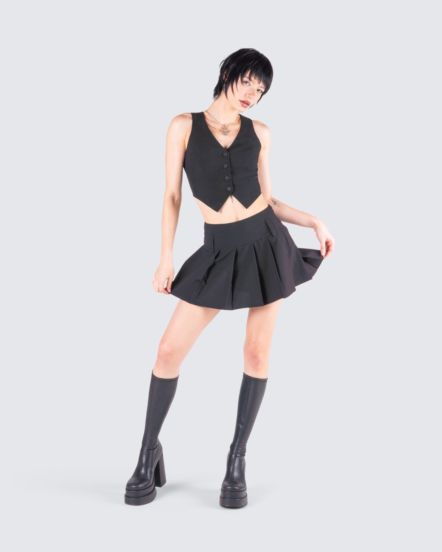 Deb Black Suiting Pleat Mini Skirt