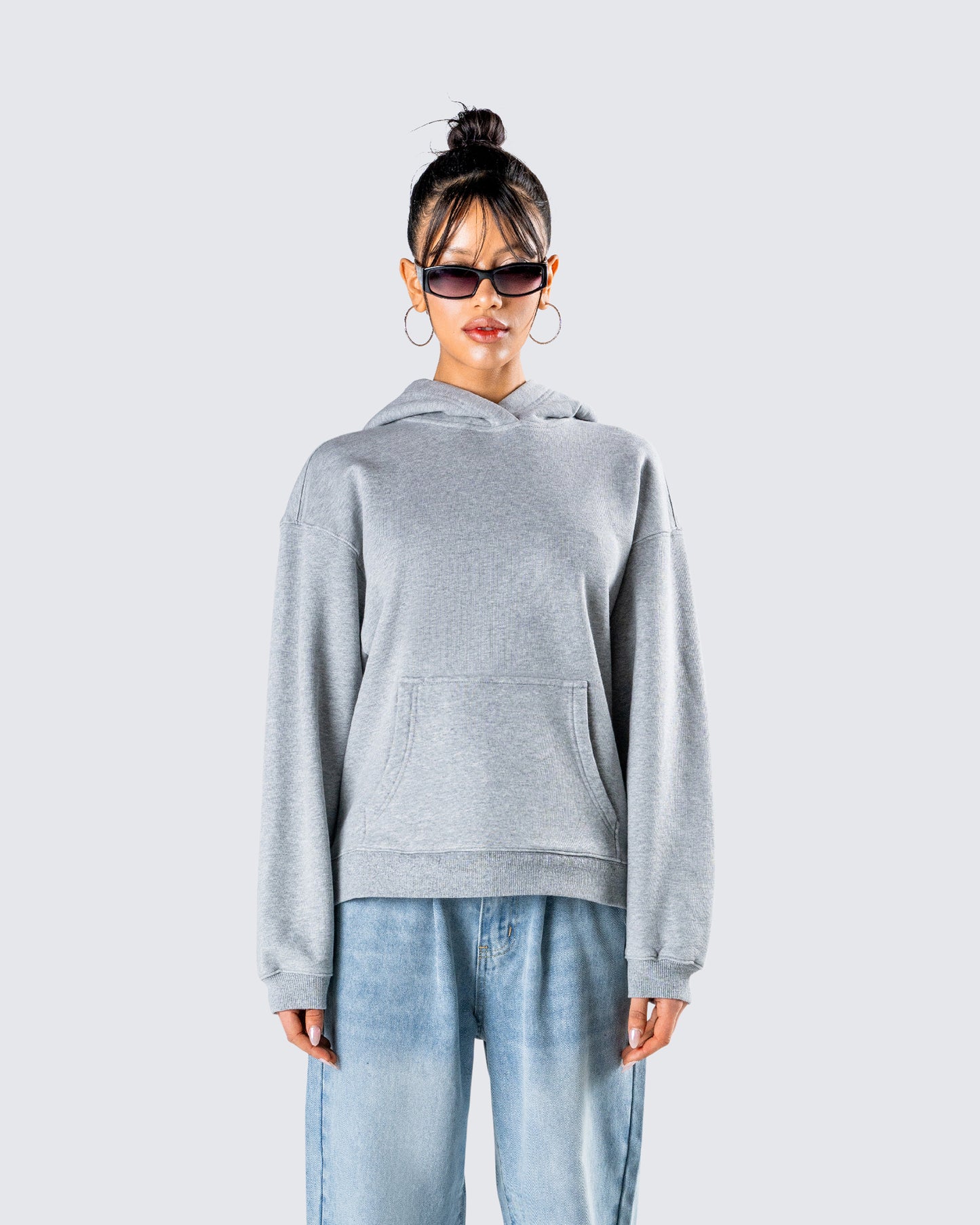 Delanie Grey Heather Fleece Hoodie model front