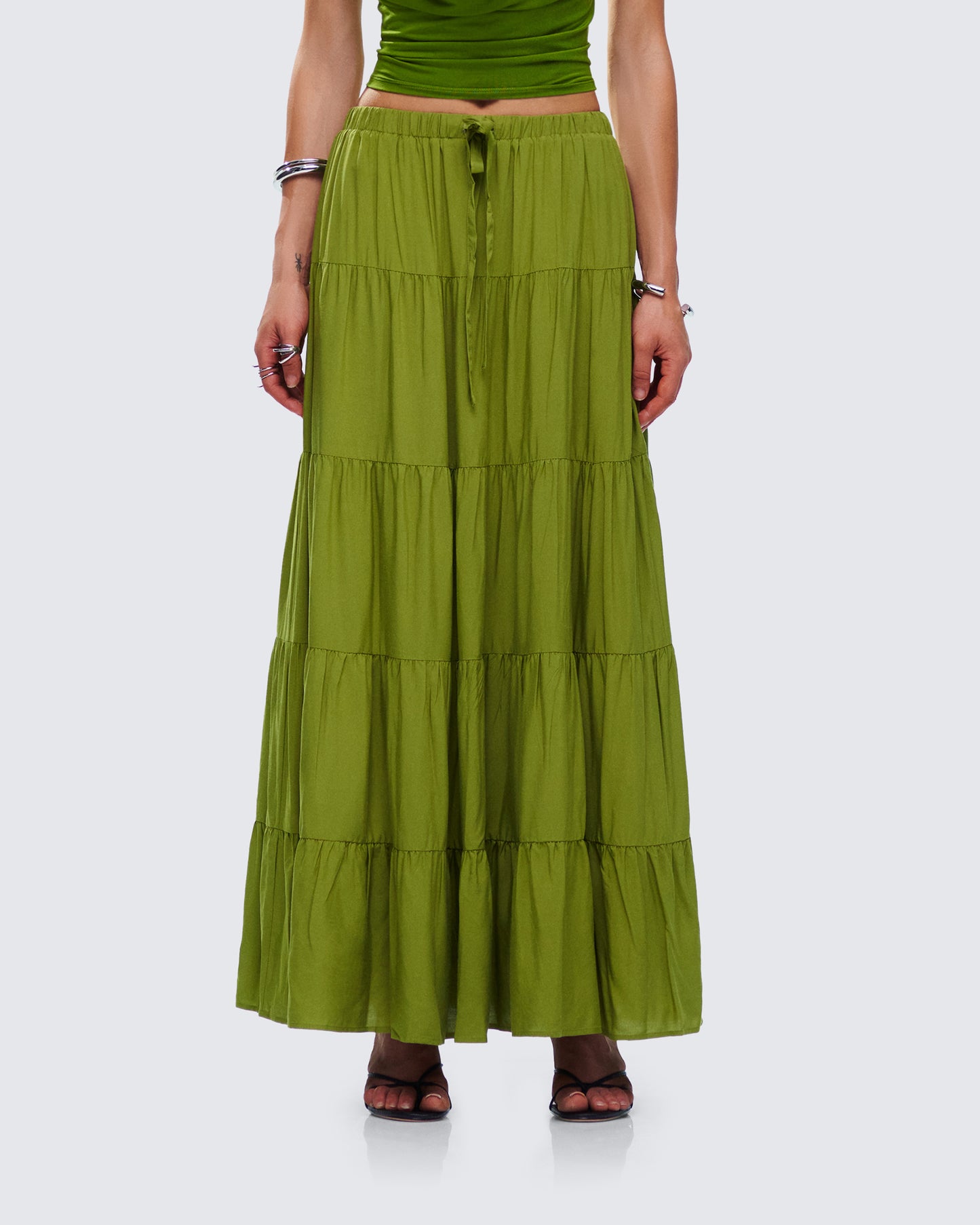 Didi Green Tiered Maxi Skirt model front