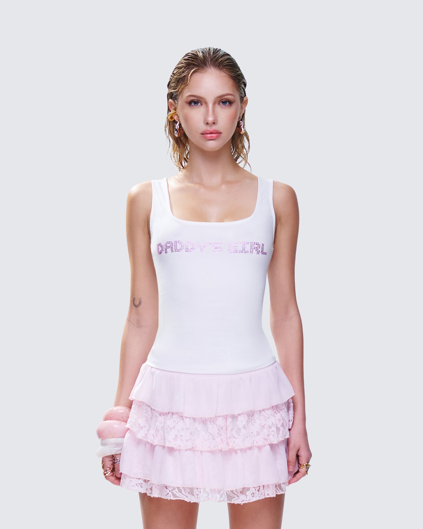 Dolores White Graphic Tank Top model front