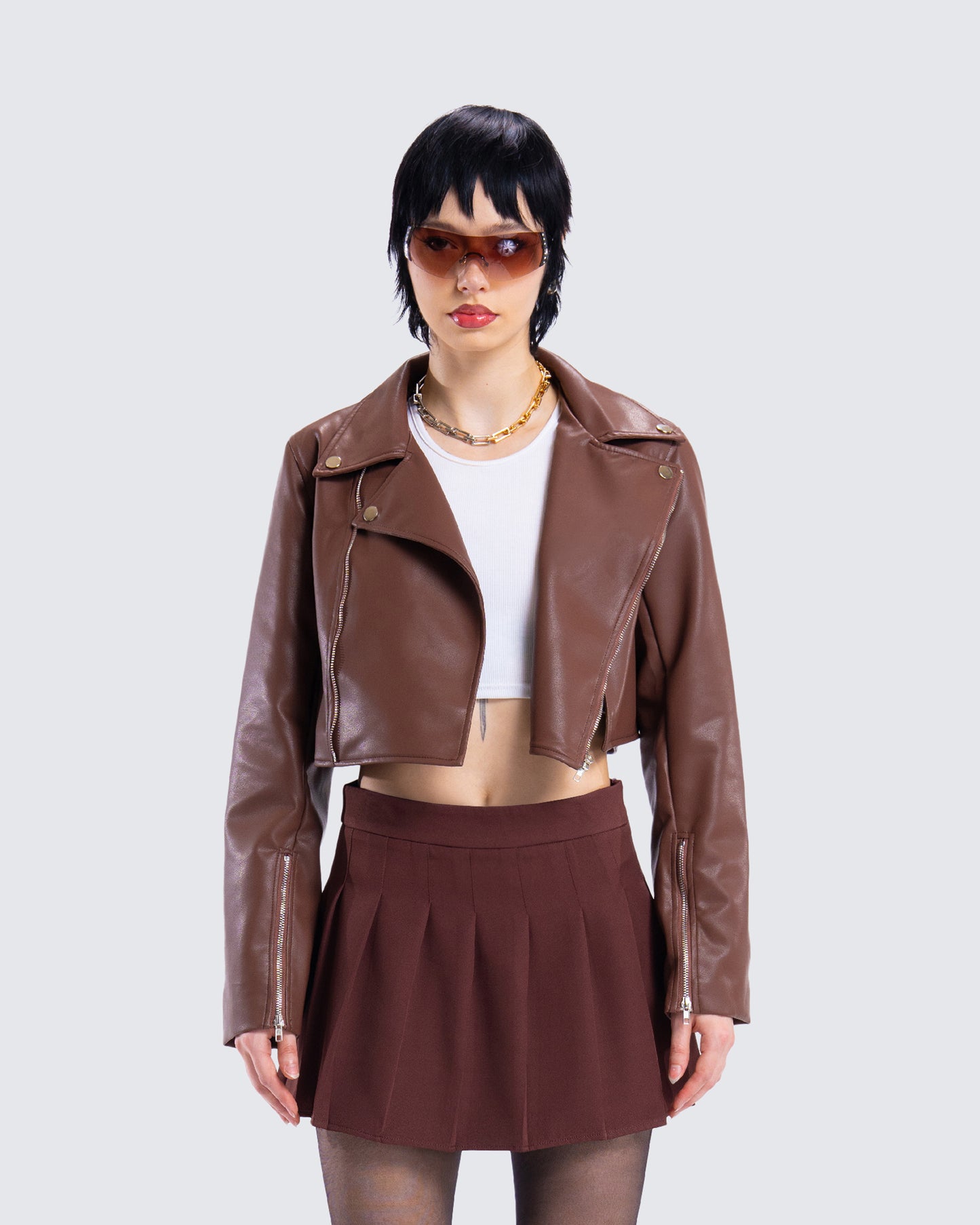 Donny Brown Vegan Leather Jacket model front