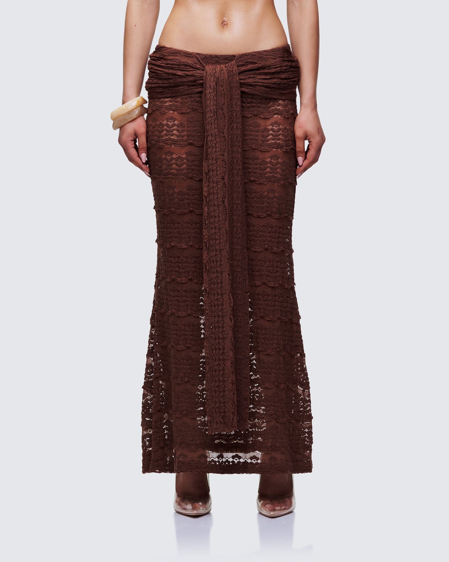 Dreya Brown Textured Maxi Skirt model front