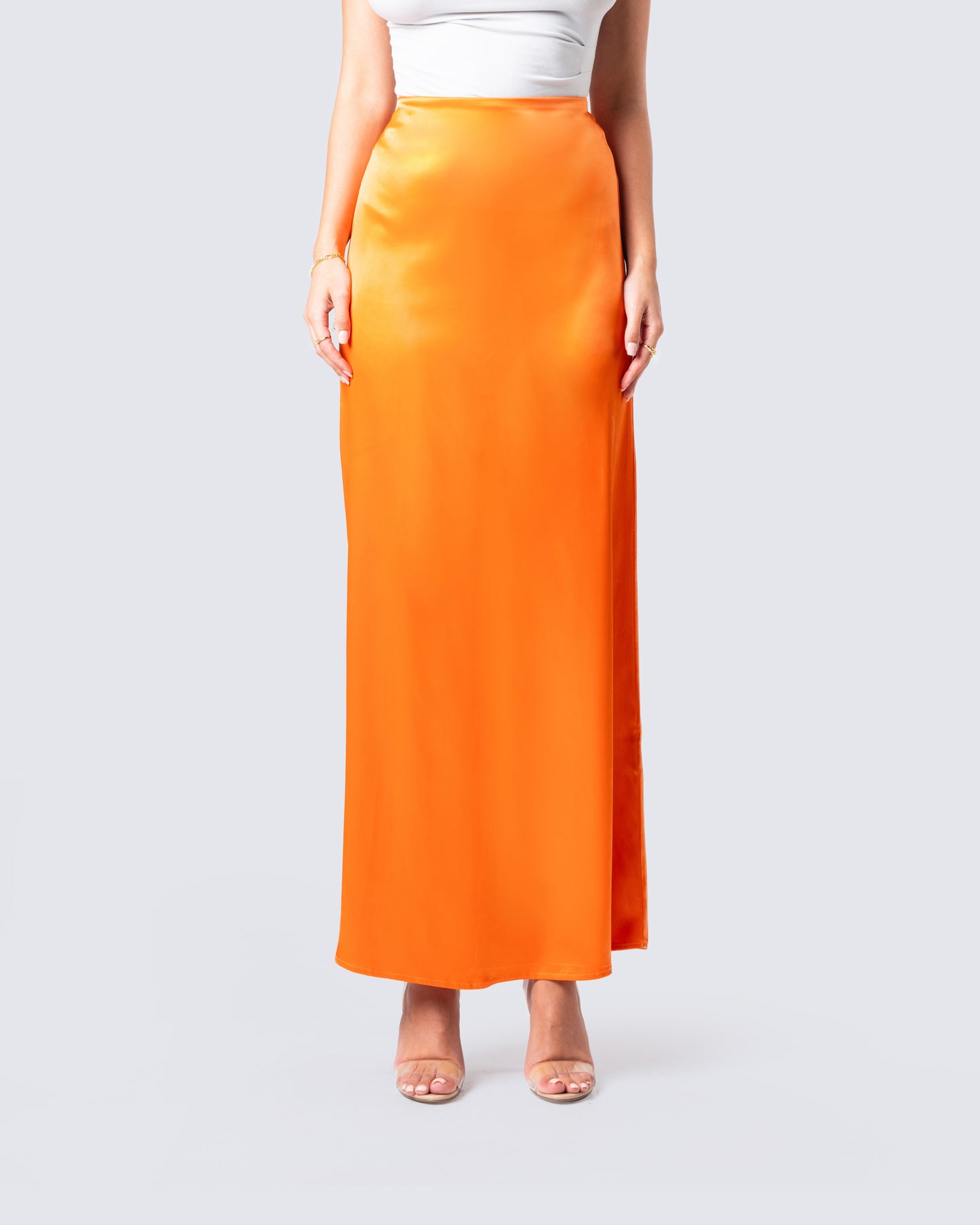 Odette Orange Satin Maxi Skirt model front