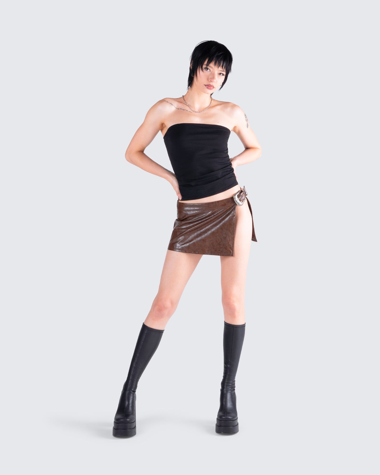 Lu Brown Vegan Leather Mini Skirt