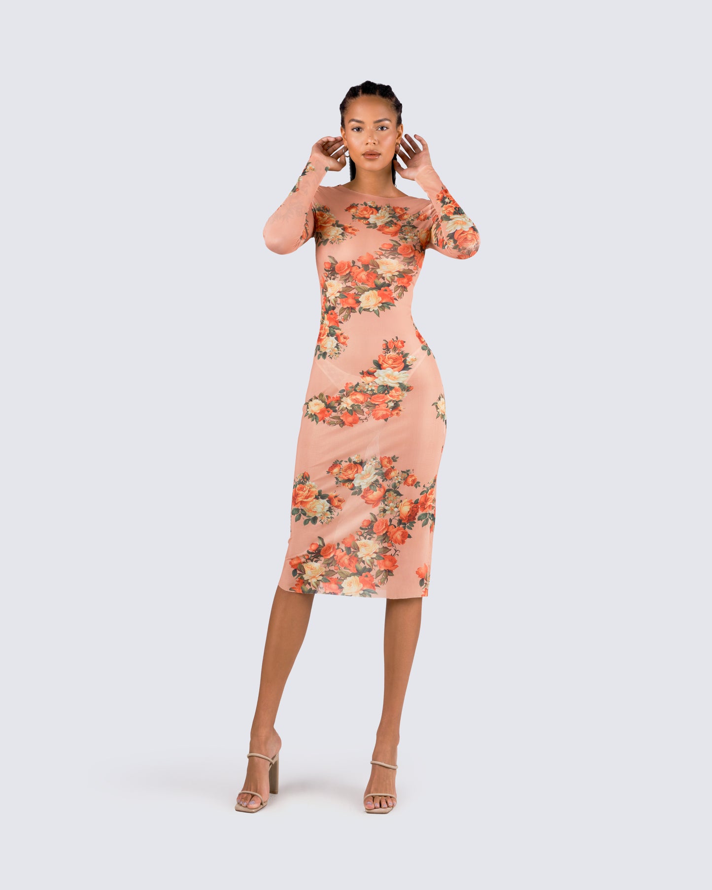 Gardenia Rose Print Mesh Midi Dress