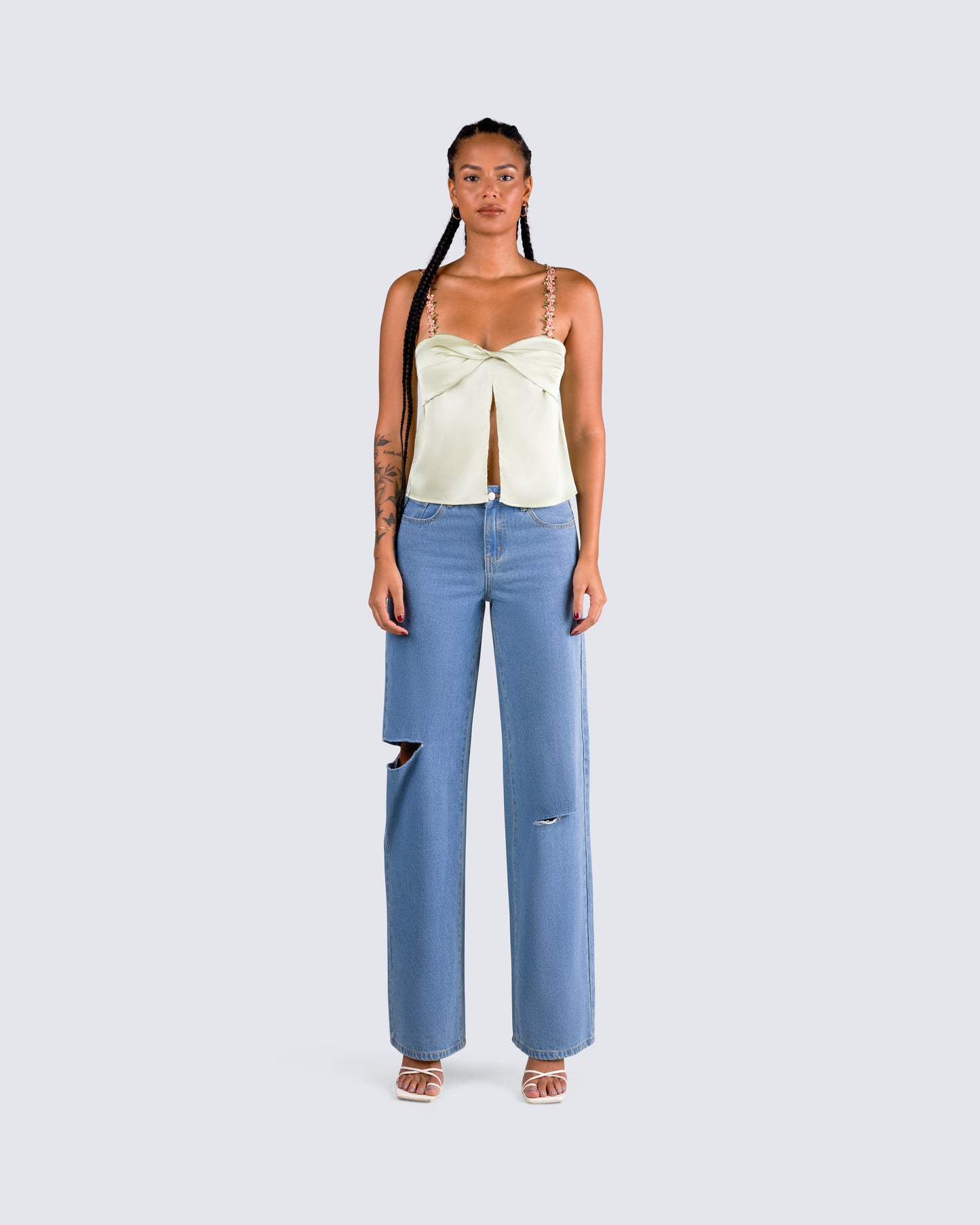 Rosella Olive Satin Twist Top model front