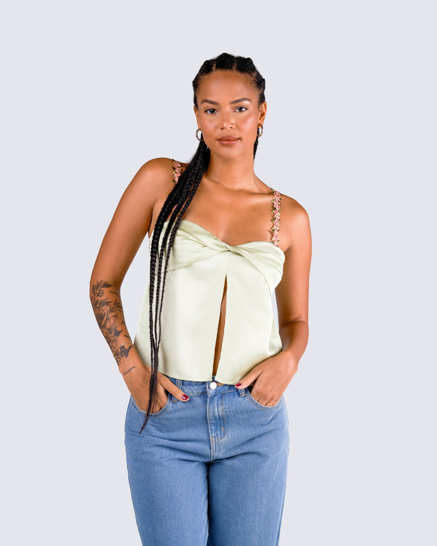 Rosella Olive Satin Twist Top