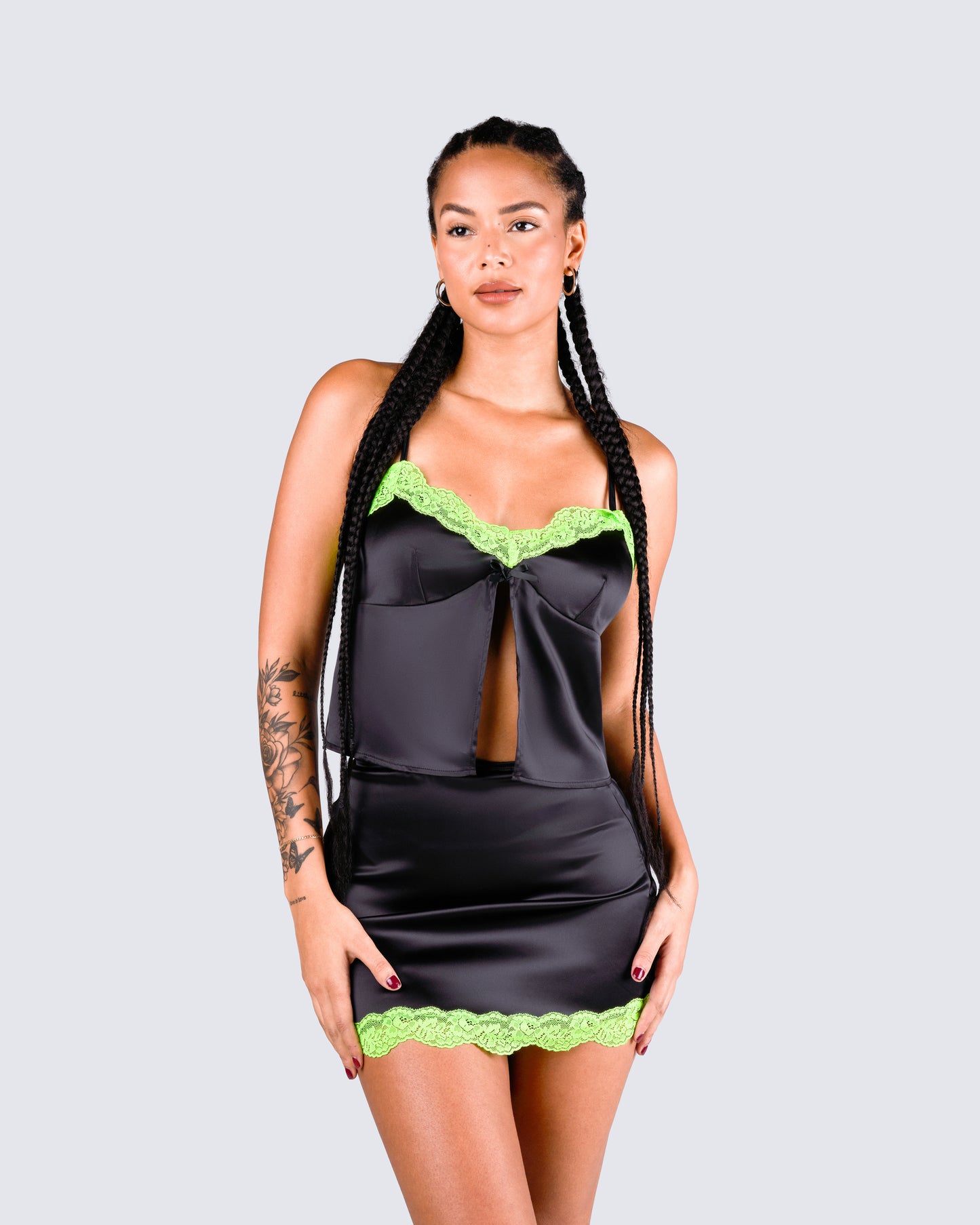 Nadya Black Satin Mini Skirt model front