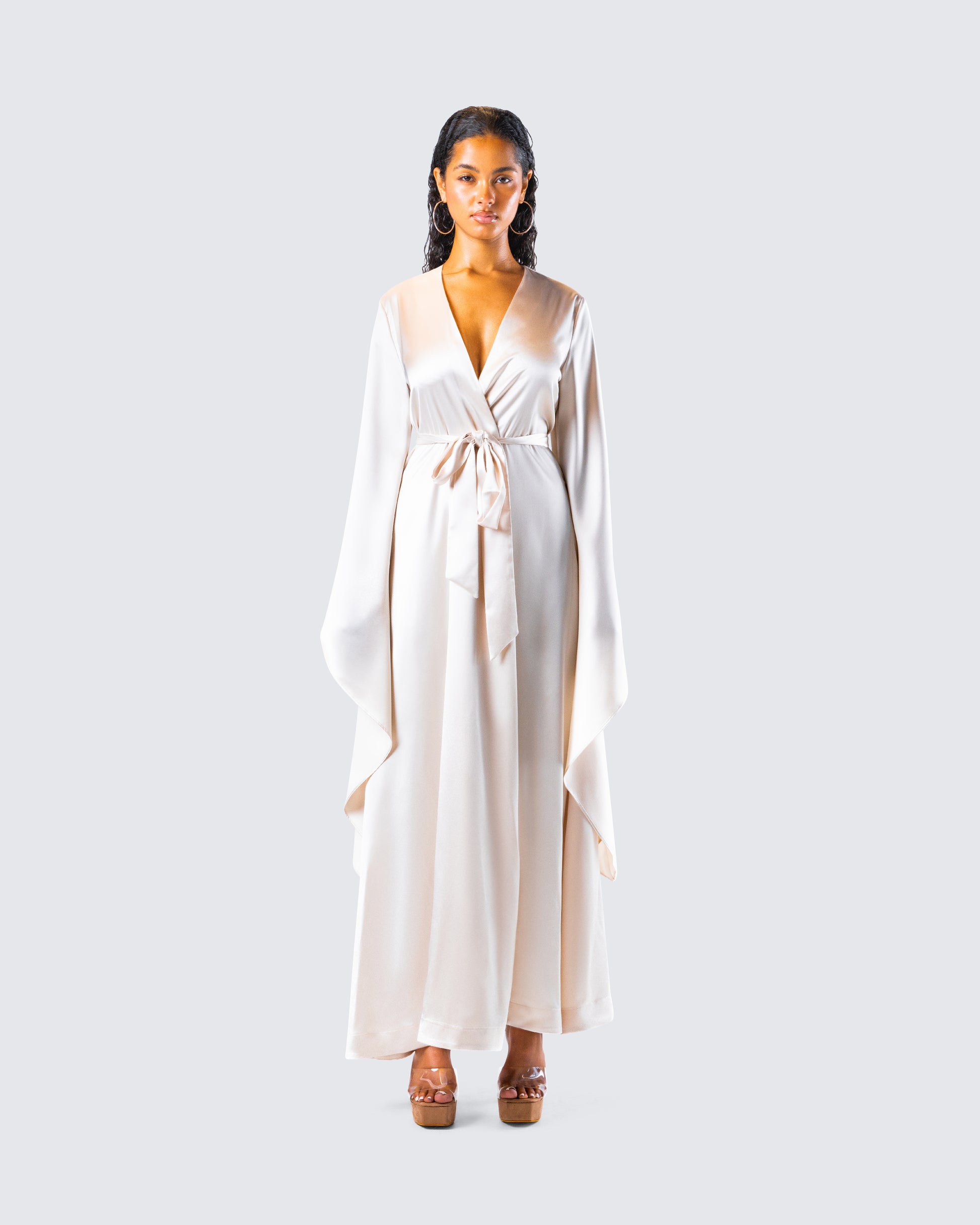 Cressida Ivory Satin Maxi Robe model front