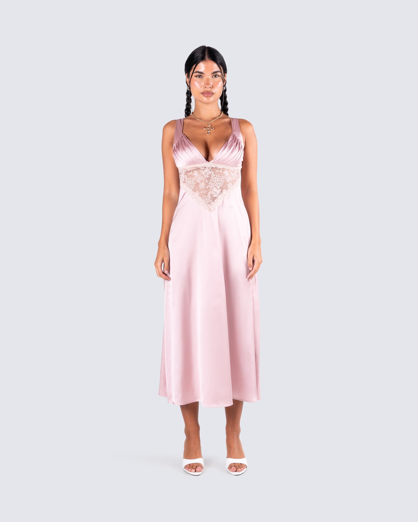 Saba Pink Satin Lace Midi Dress model front