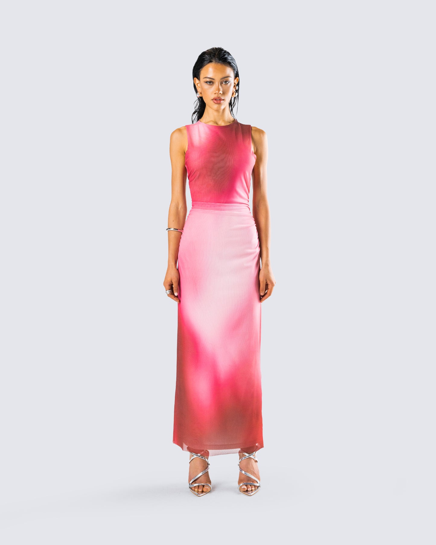 Aldina Red Print Mesh Maxi Dress model front