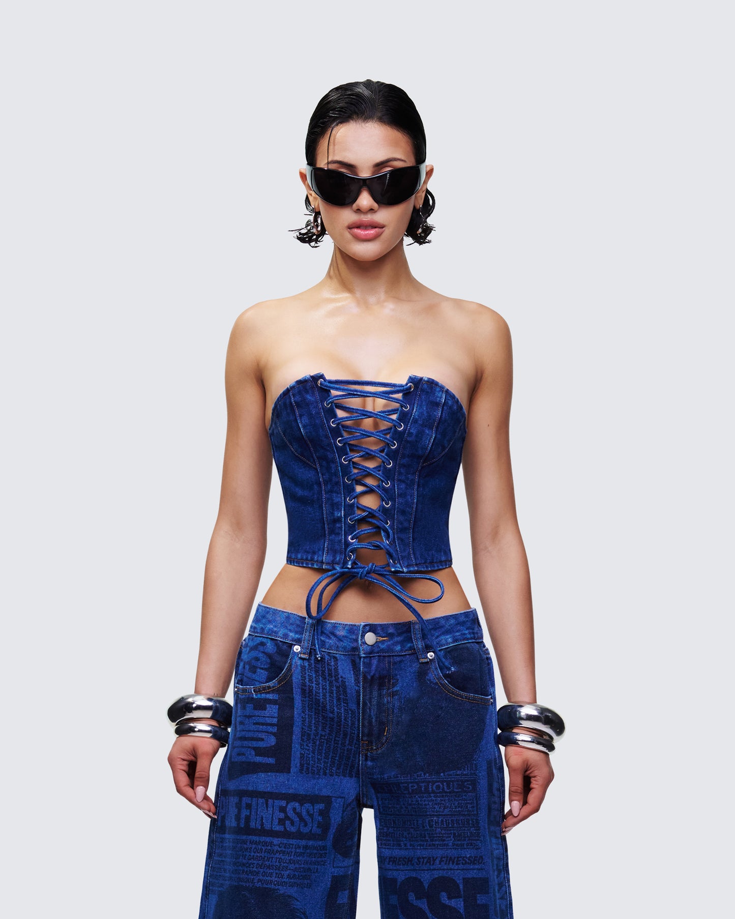 Electra Blue Denim Lace Up Corset model front