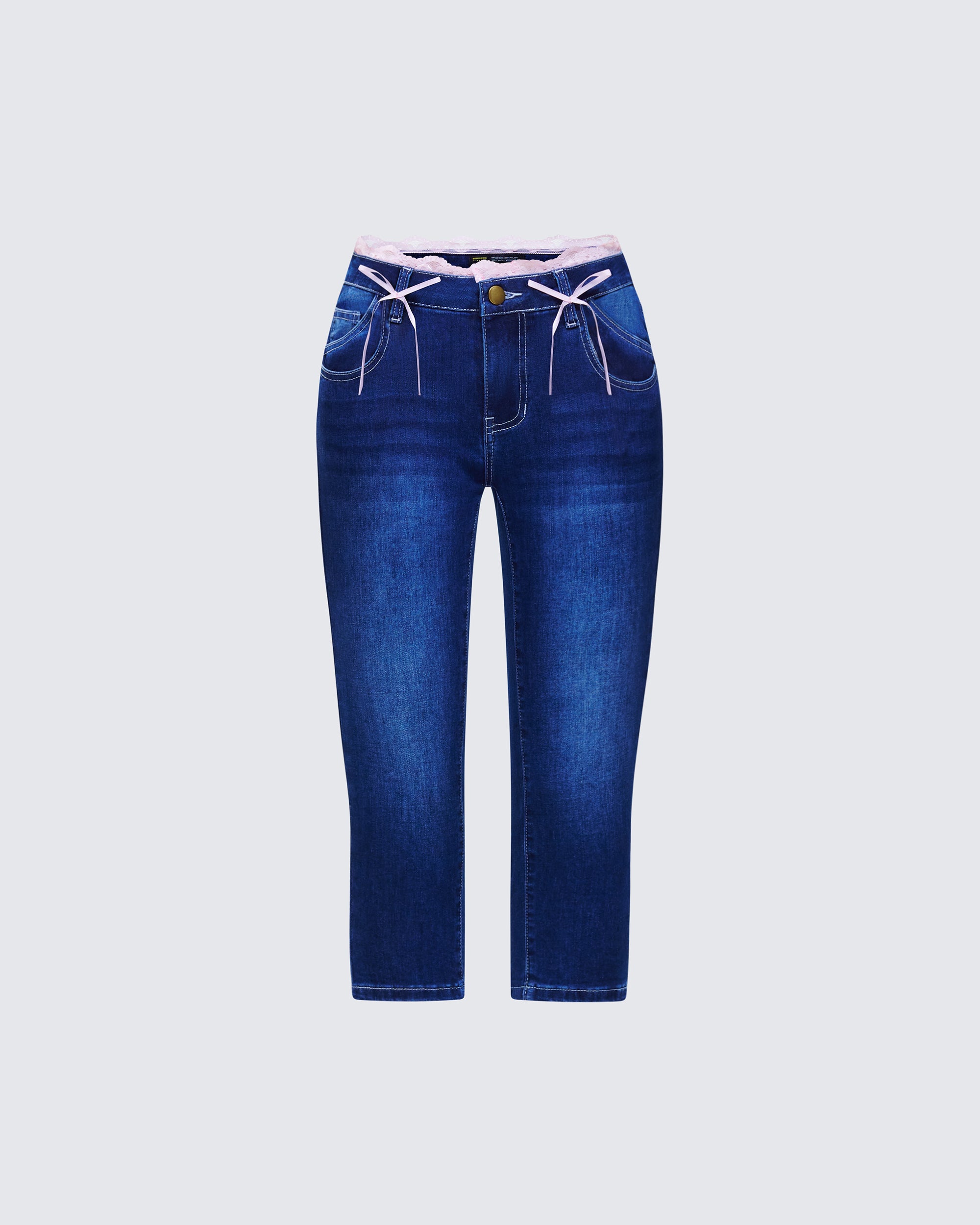 womens dress denim pants Estefania Blue Denim Lace and Bow Capri Pant
