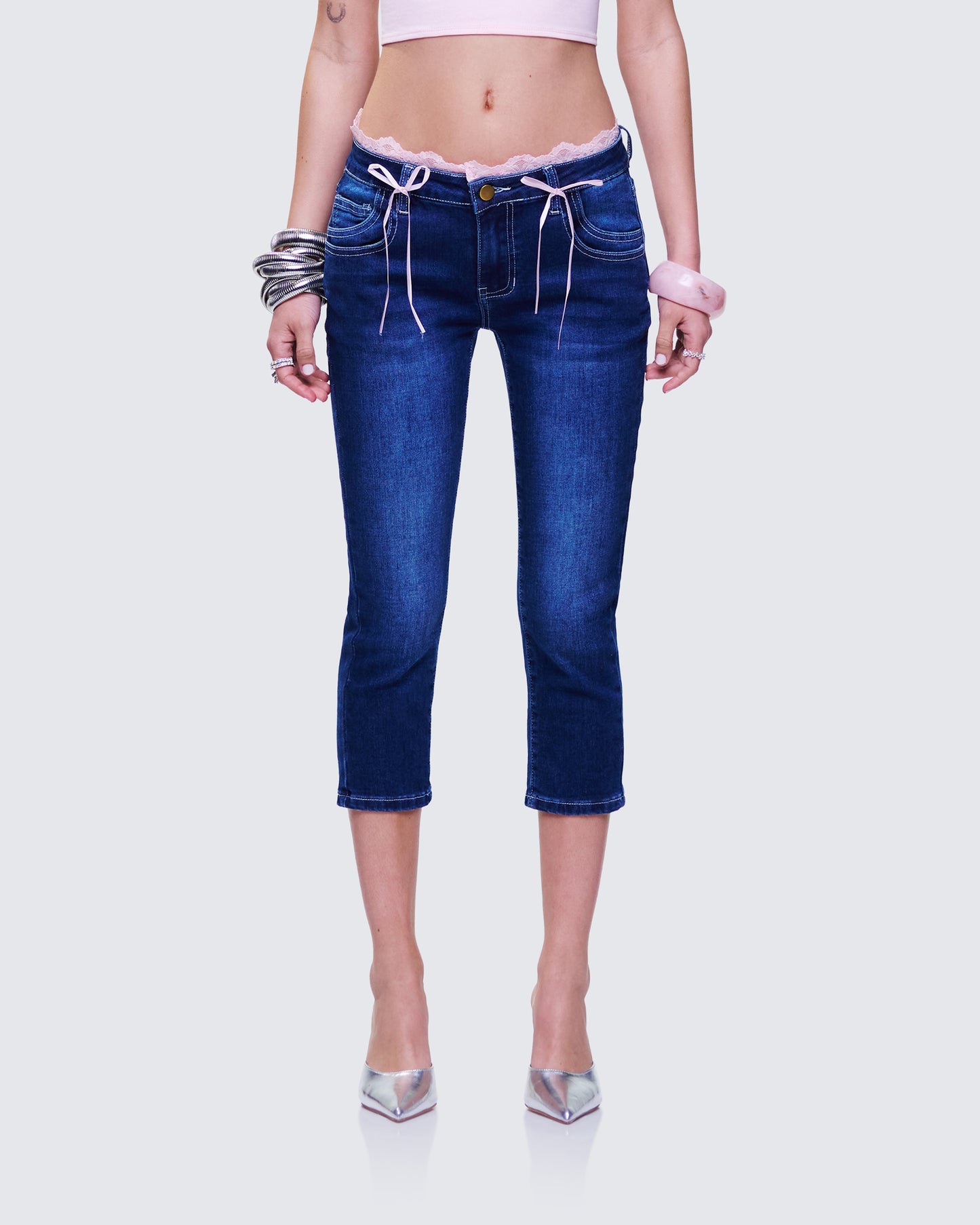 Estefania Blue Denim Lace and Bow Capri Pant model front