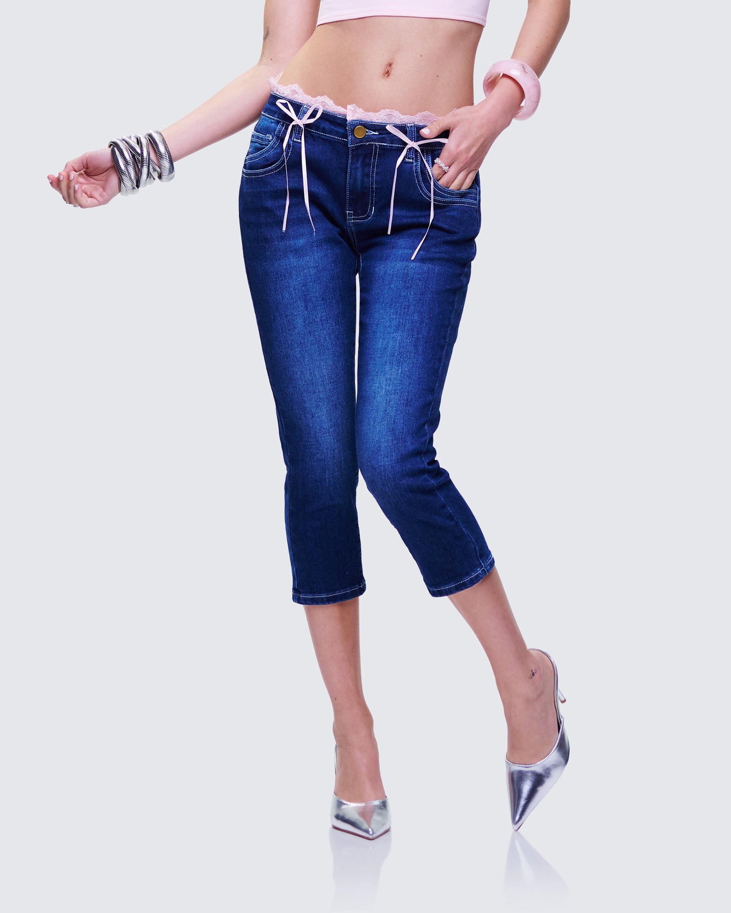 Estefania Blue Denim Lace and Bow Capri Pant