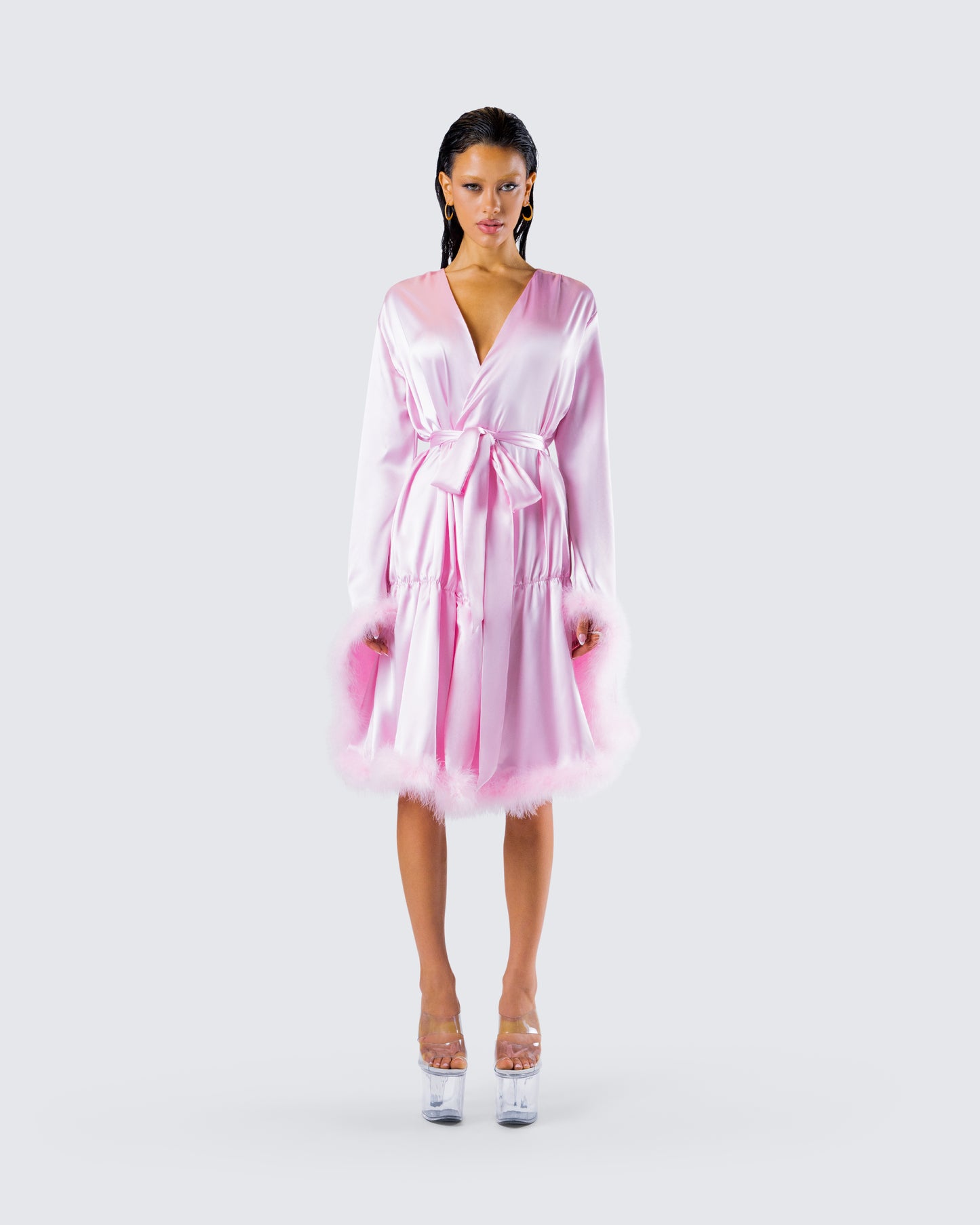 Evalie Pink Feather Trim Robe model front